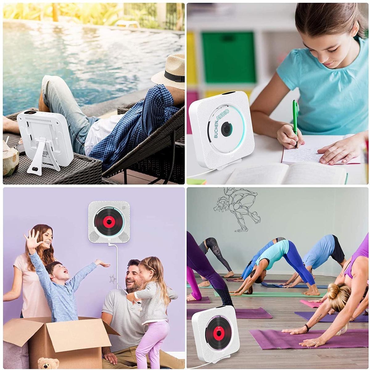 Vier Bilder, die dasselbe weiße Radiogerät in verschiedenen Umgebungen zeigen: Yoga, Zuhause und draußen.