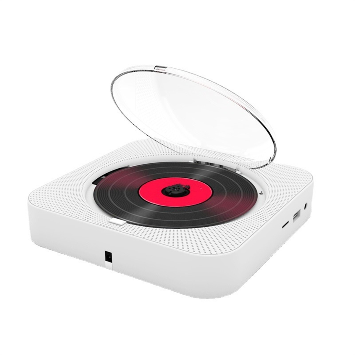 Weißer CD-Player mit einer schwarzen Schallplatte im Inneren, offener Deckel.