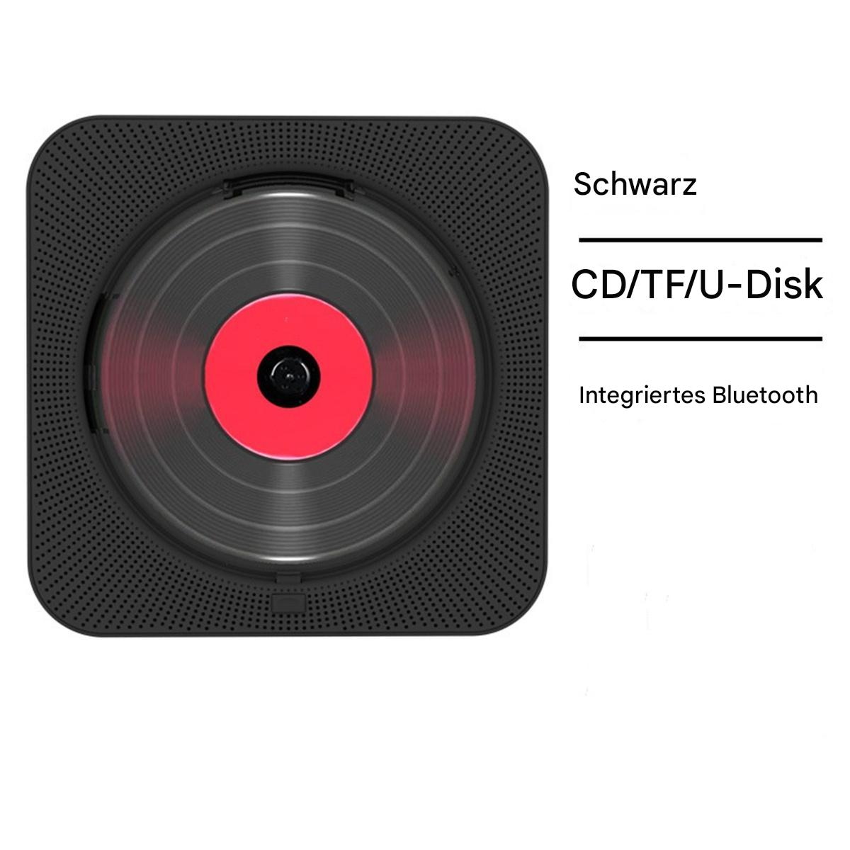Ein schwarzer CD-Player mit roter Mitte. Text: CD/TF/U-Disk, und hat integriertes Bluetooth.
