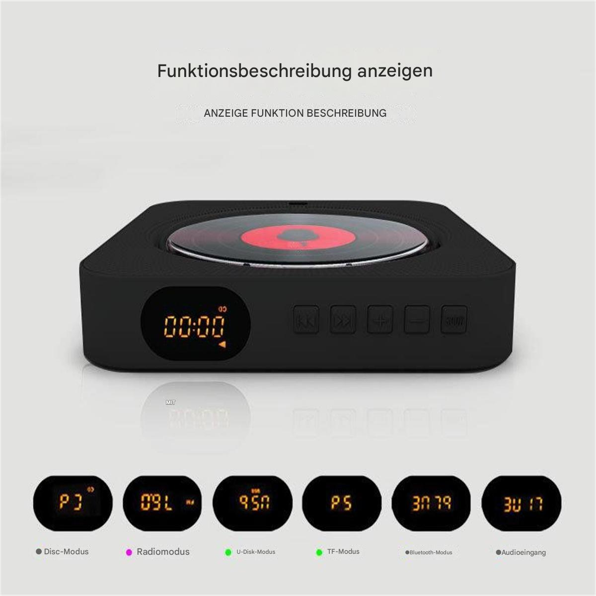 Ein schwarzes Radio mit Disc oben, Display und Knöpfen. Text: Funktiosbeschreibung anzeigen.