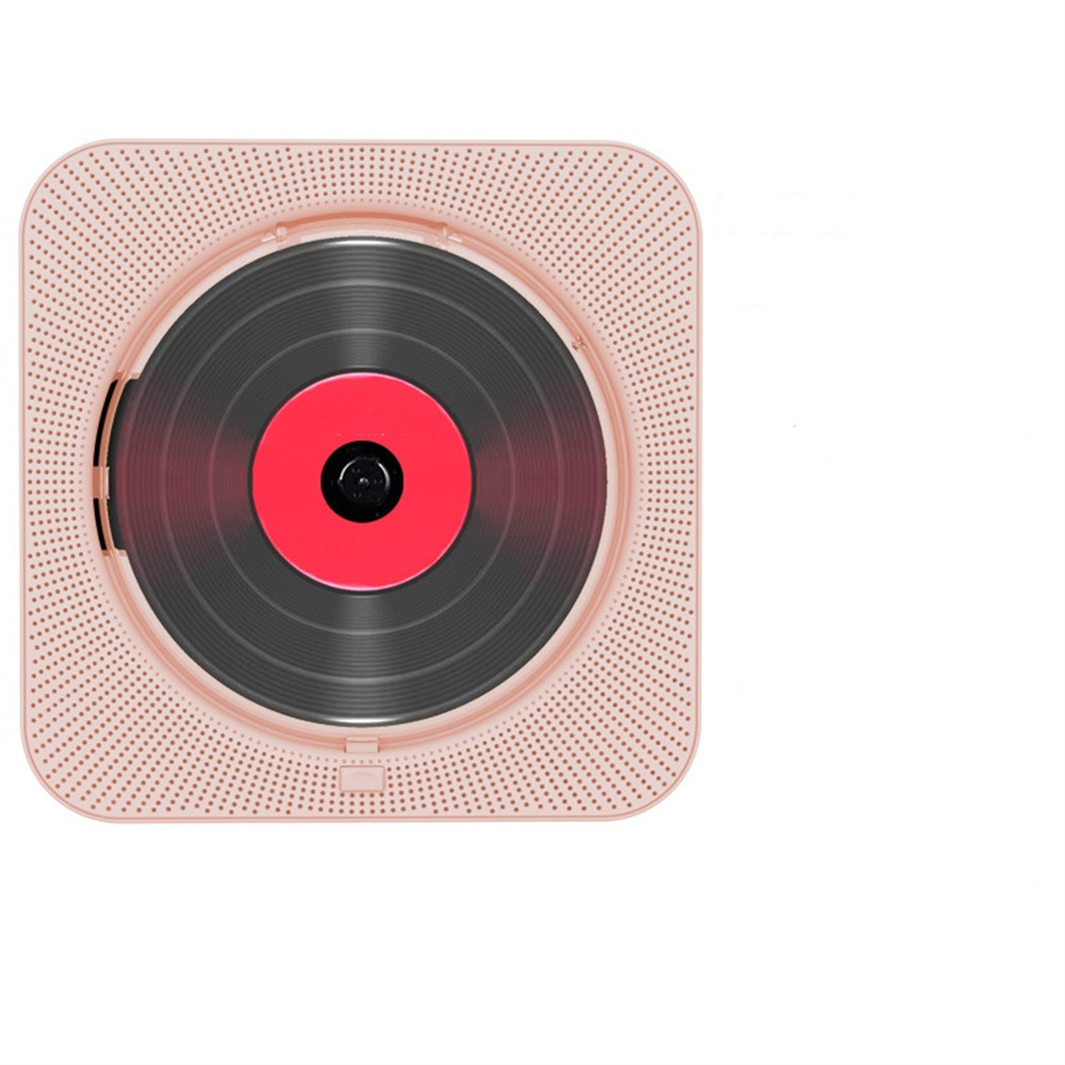 Ein pinkfarbener tragbarer CD-Player. Er hat eine CD im Inneren. Das Design ist quadratisch, mit Löchern.