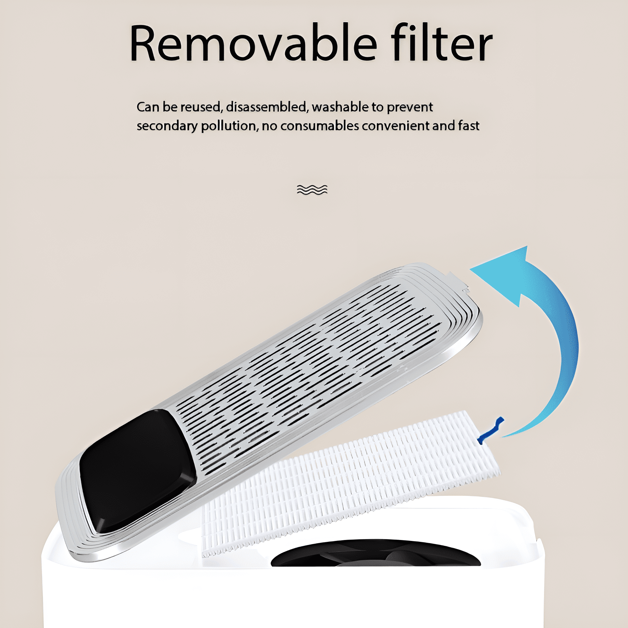 Ein Filter wird aus einem weißen Gerät entfernt. Ein blauer Pfeil zeigt auf den Filter.