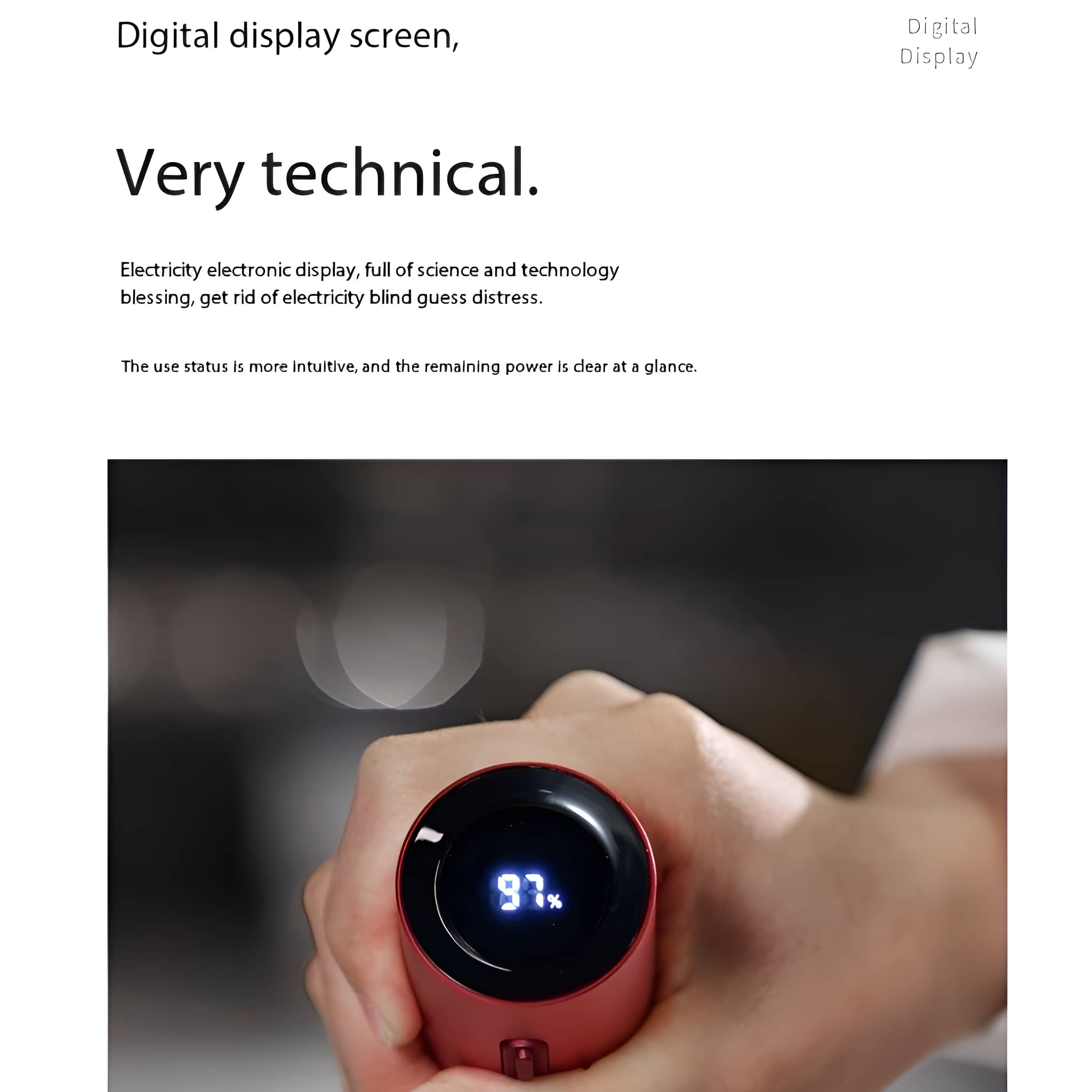 Eine Hand, die eine rote Flasche mit einer Digitalanzeige hält, die 97 % anzeigt.