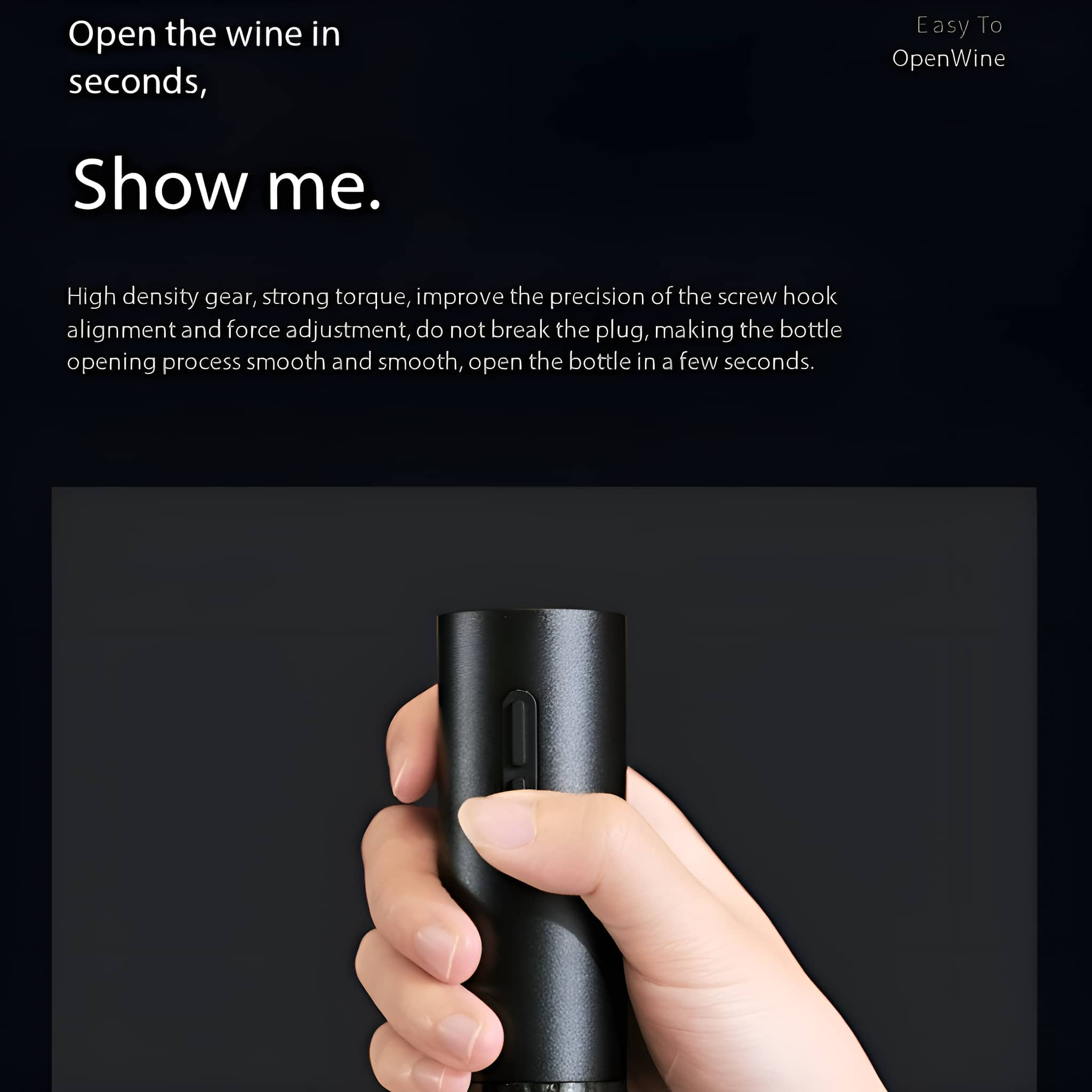 Eine Hand, die einen schwarzen Weinöffner hält. Text: "Öffnen Sie den Wein in Sekunden, Zeigen Sie mir."