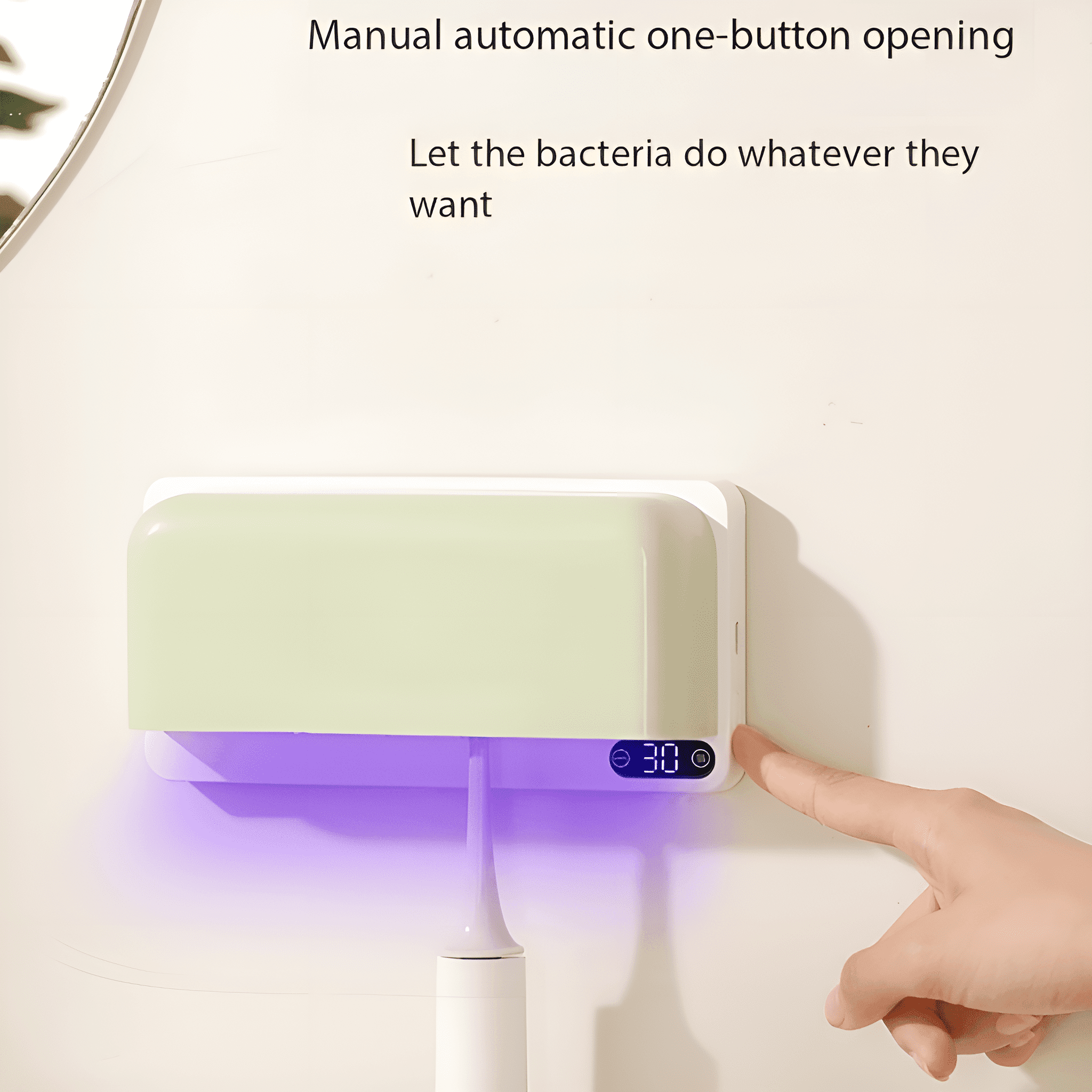 Ein weißes Gerät mit grünem Deckel, digitaler Anzeige und Hand, die darauf zeigt.
