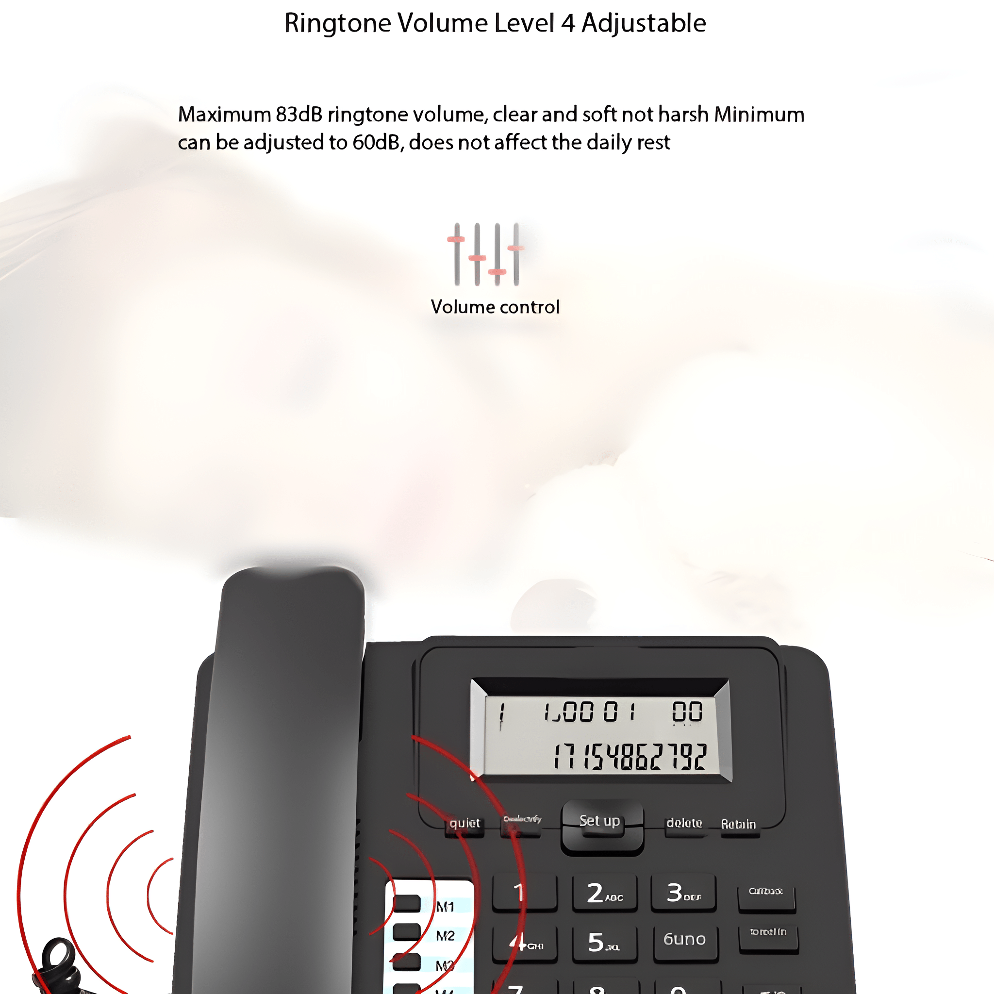 Schwarzes Festnetztelefon mit Bildschirm und Lautstärkereglern.