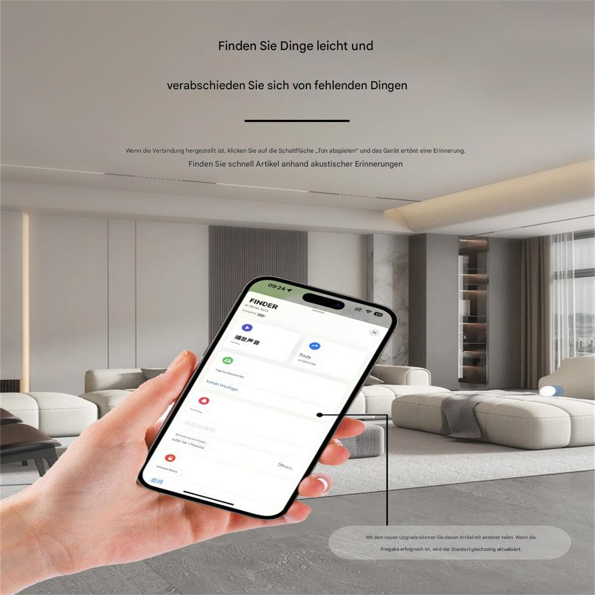 Eine Hand, die ein Smartphone mit einer Finder-App-Oberfläche hält. Cremefarbener Hintergrund.