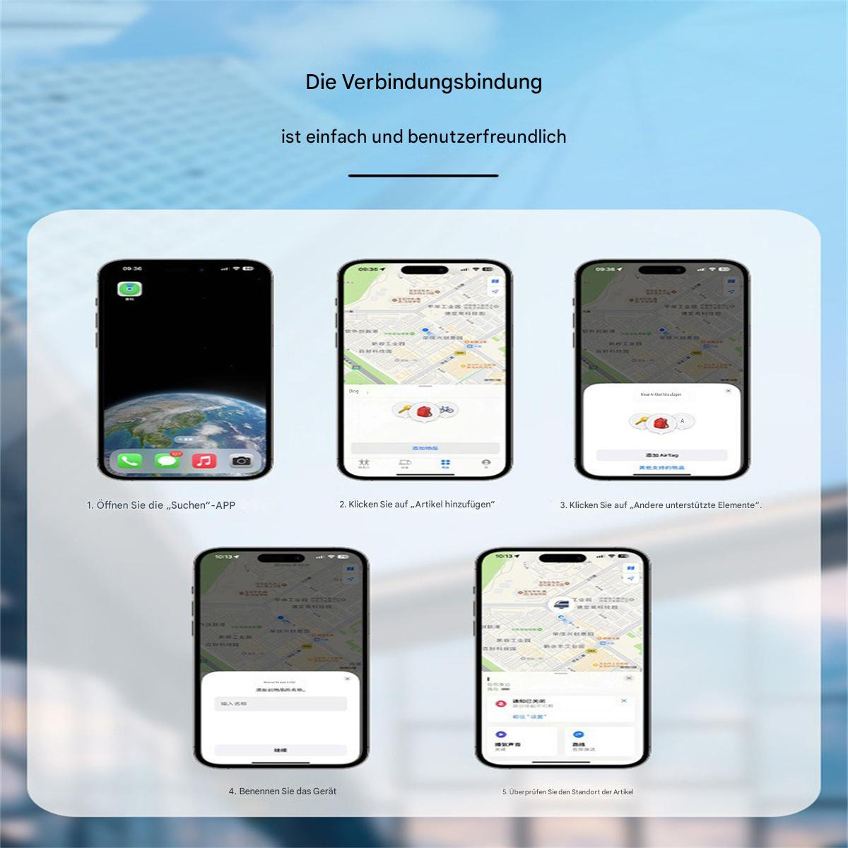 Eine Reihe von Telefonbildschirmen, die den Vorgang des Verbindens eines Geräts zeigen.