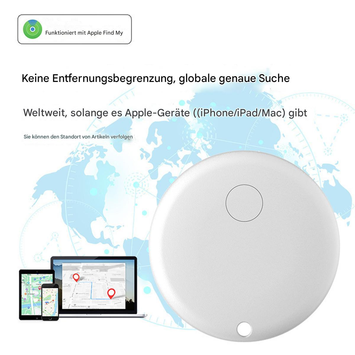 Ein weißes Ortungsgerät mit Knopf und Text, neben einem Telefon und Tablet mit Kartenanzeige.