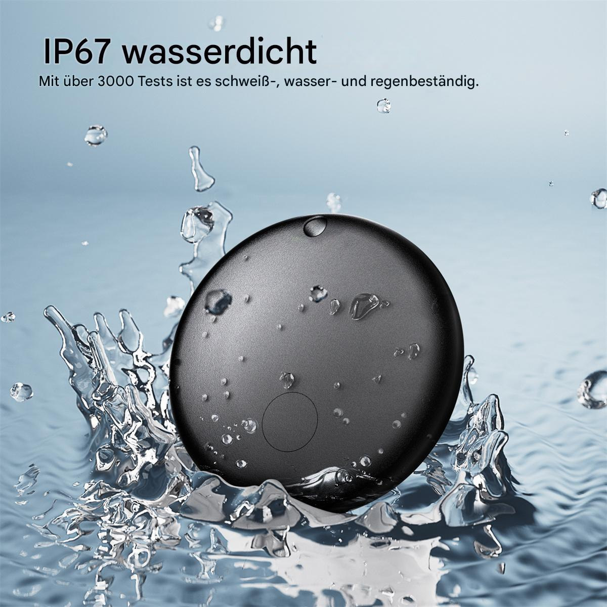 Ein schwarzes wasserdichtes Gerät im Wasser. Wassertropfen umgeben es. Es ist rund.