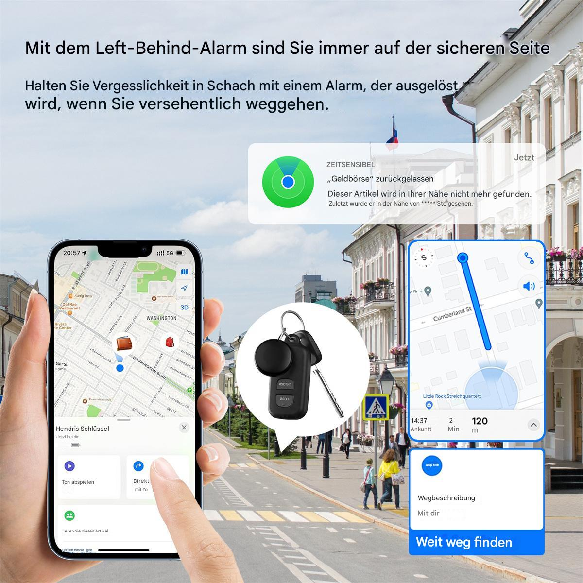 Ein Telefon zeigt eine Karte und einen Schlüsselanhänger. Hintergrund: eine Stadtstraße mit Menschen.