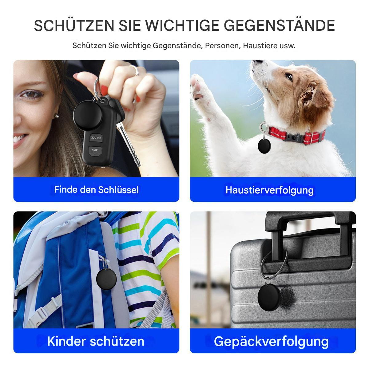 Vier Bilder, die zeigen, wie man ein Ortungsgerät verwendet. Die Bilder zeigen Schlüssel, einen Hund, ein Kind und Gepäck.