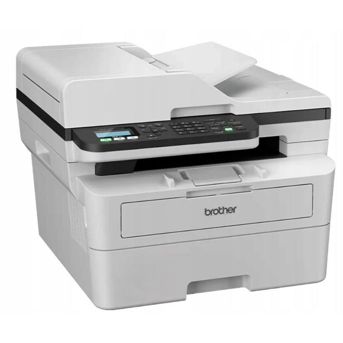 Ein weißer Brother-Drucker mit verschiedenen Knöpfen, einem Papierfach und weißem Hintergrund.