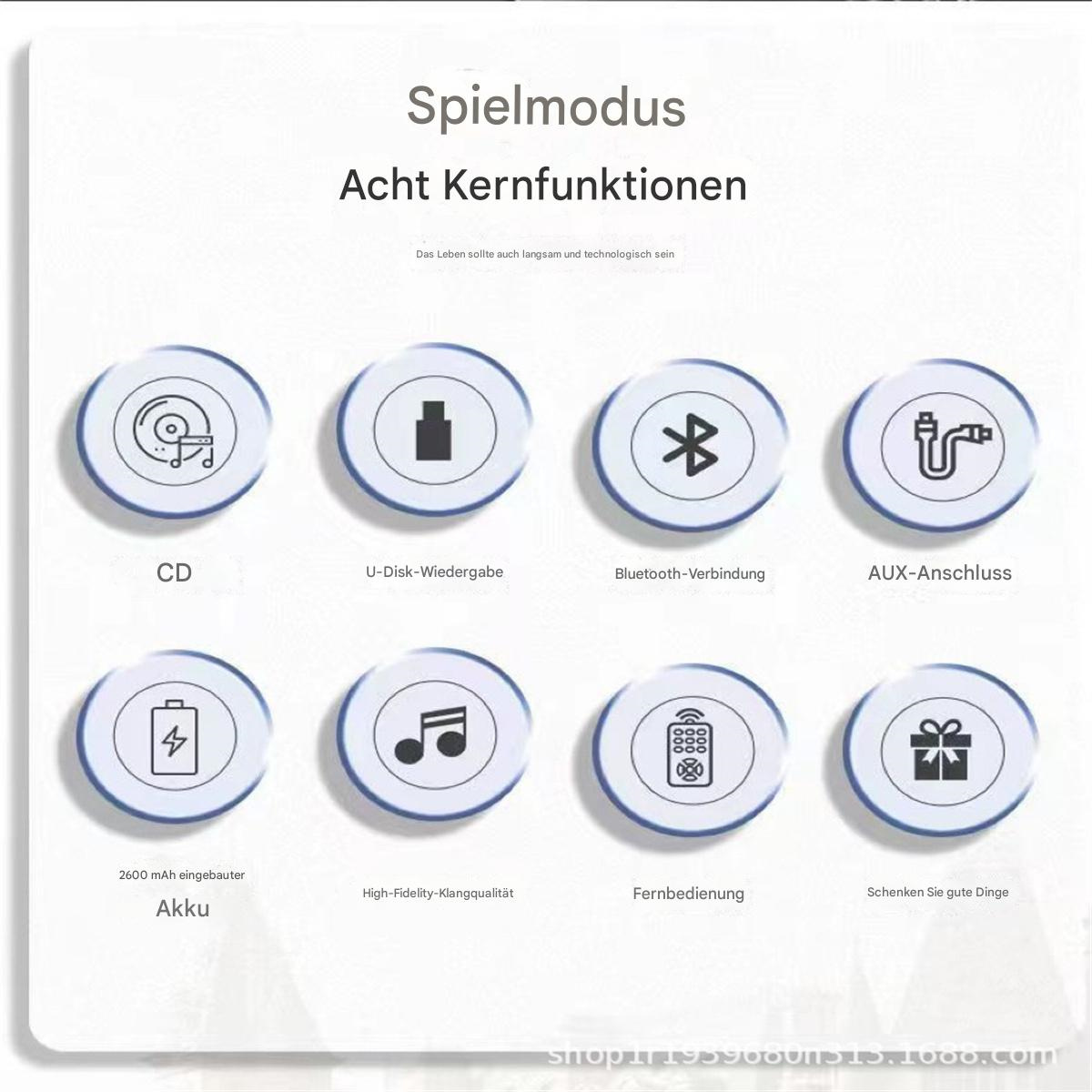 Eine Illustration mit acht Symbolen, die verschiedene Funktionen eines Geräts darstellen.