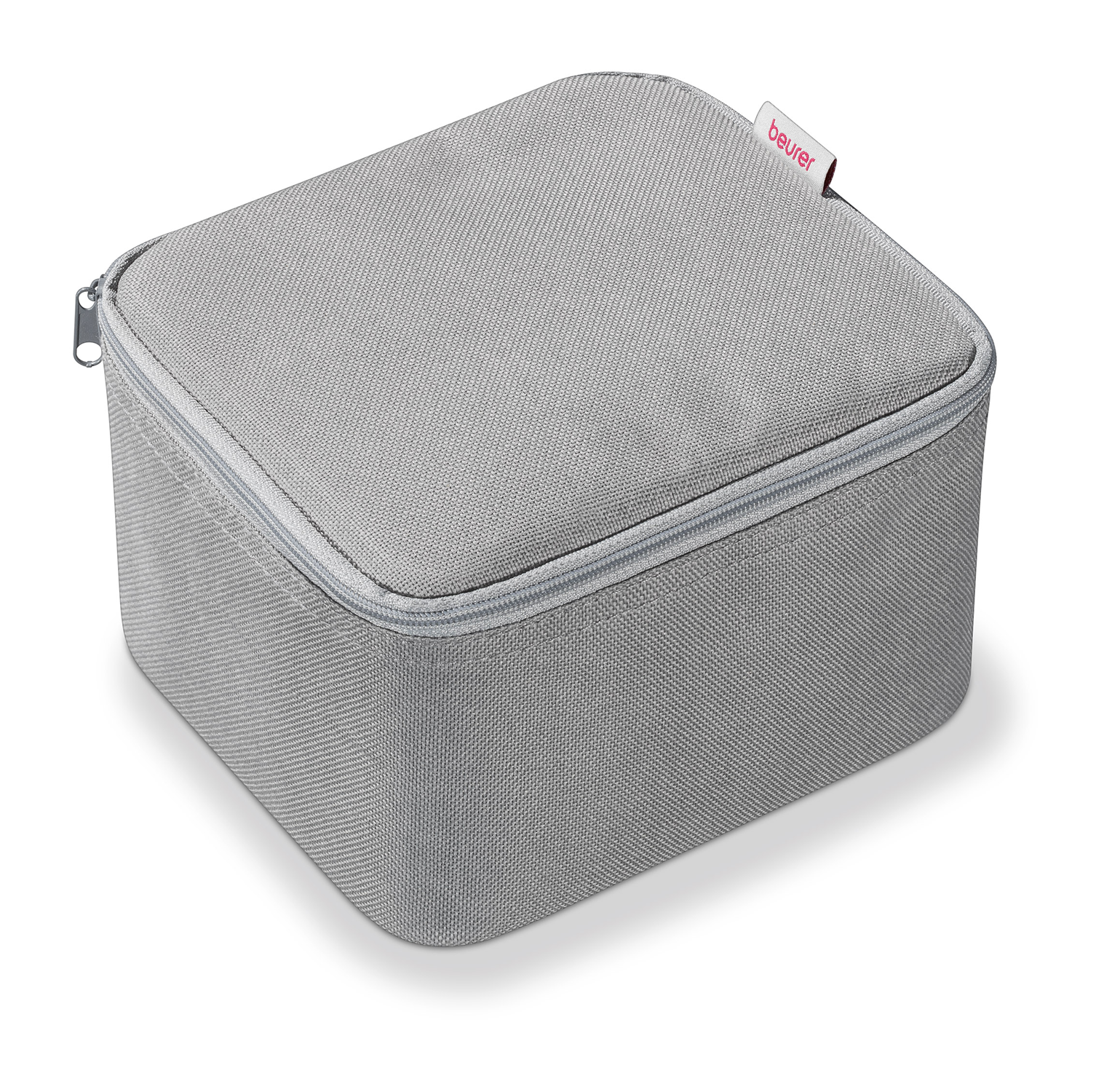 Gray rectangular case with zipper. The brand 'beurer' is visible.