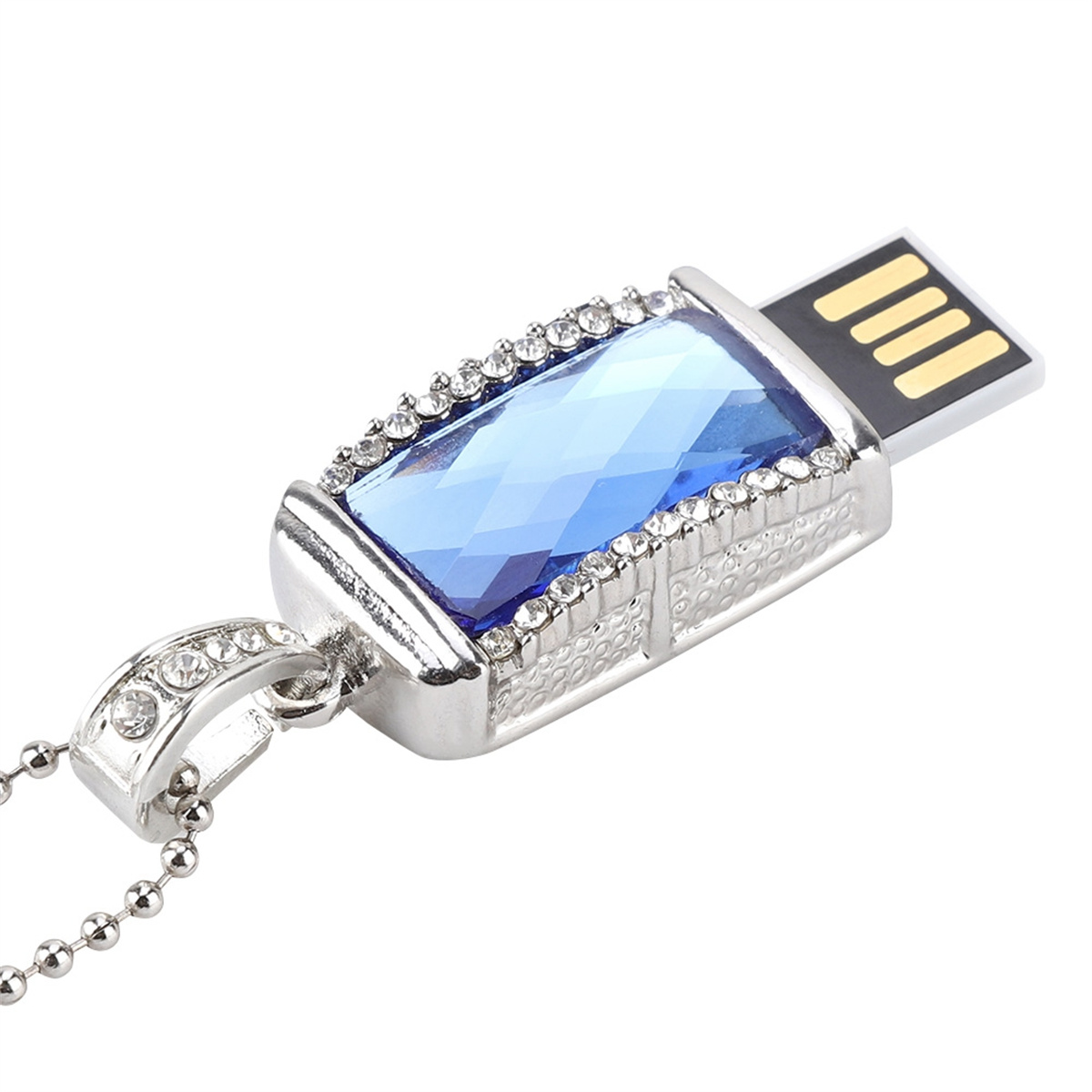 Silberner USB-Stick mit blauem Edelstein-Anhänger.