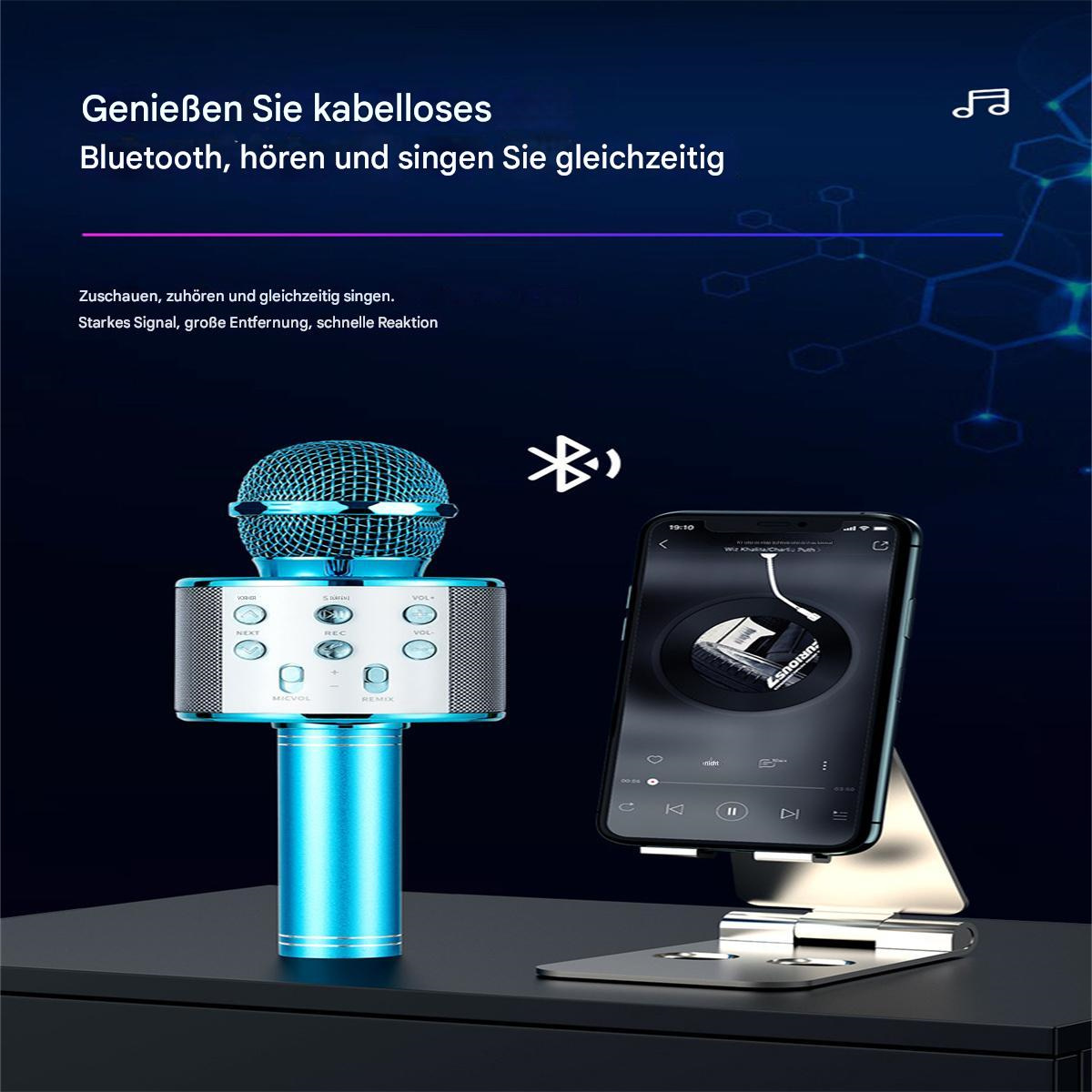 Blaues Mikrofon, Smartphone auf Ständer und Text über Bluetooth-Karaoke.