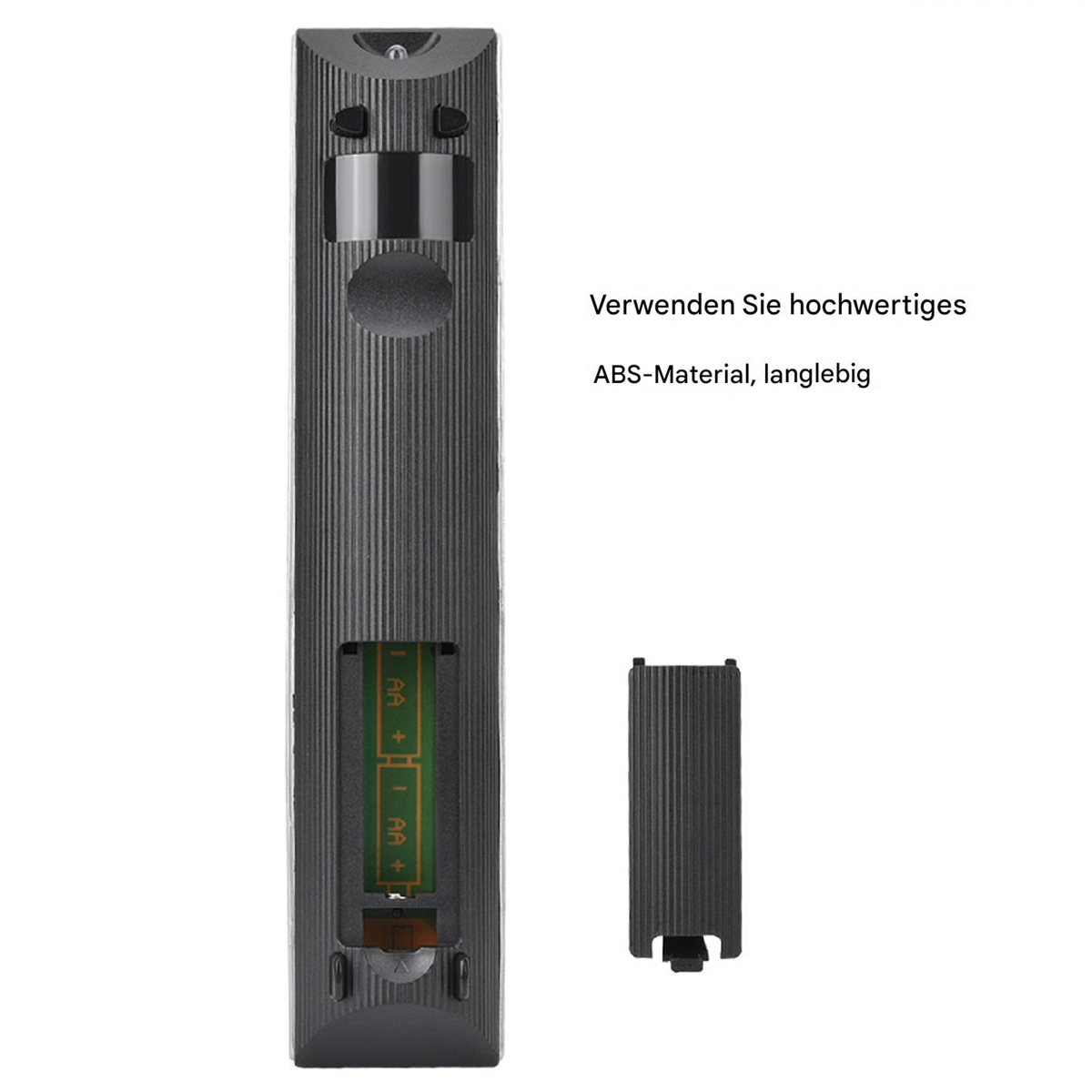 Schwarze Fernbedienung, Batteriefach geöffnet. Text: Verwenden Sie hochwertiges ABS-Material.