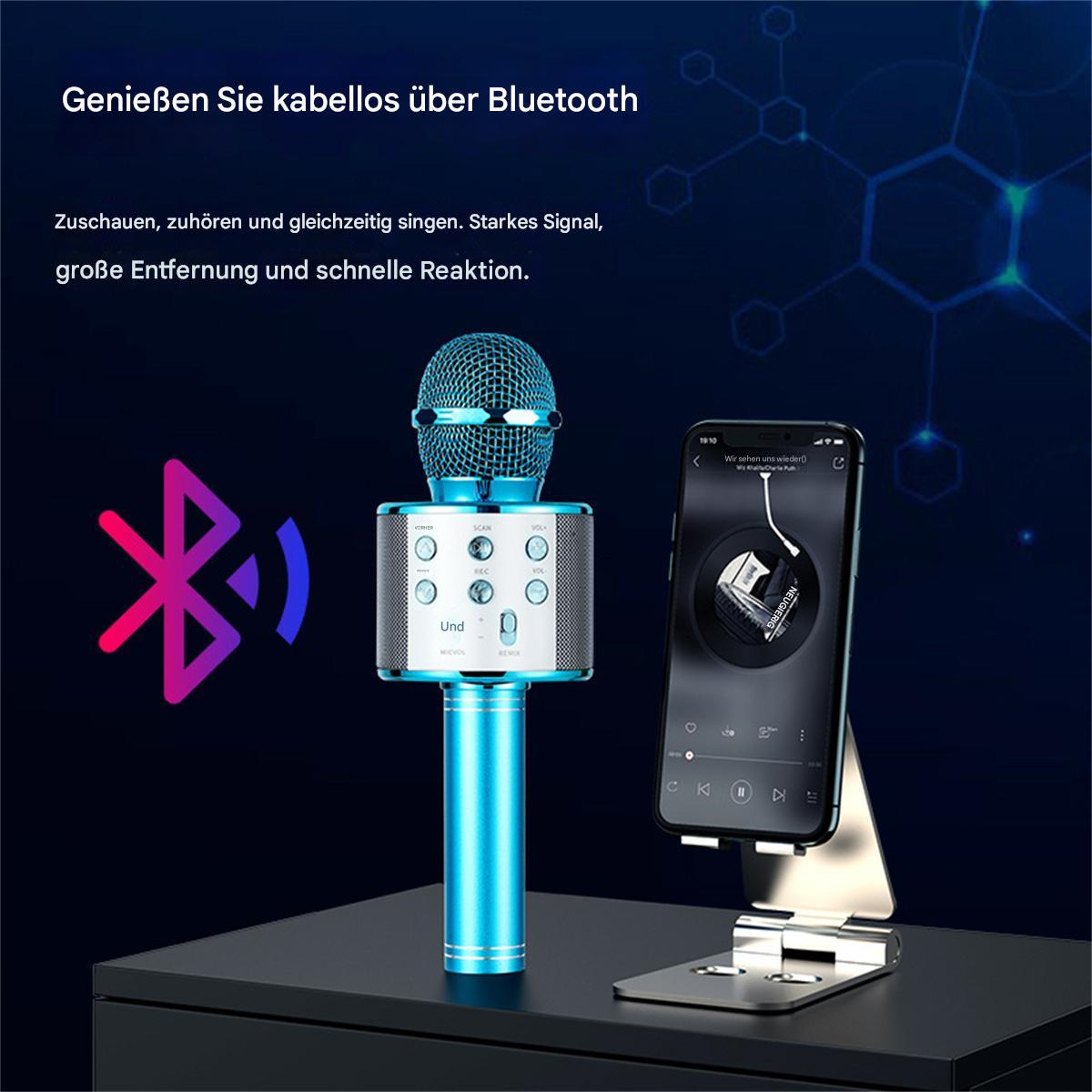 Blaues Mikrofon mit Bedienelementen, Smartphone und Text zur Bluetooth-Verbindung.