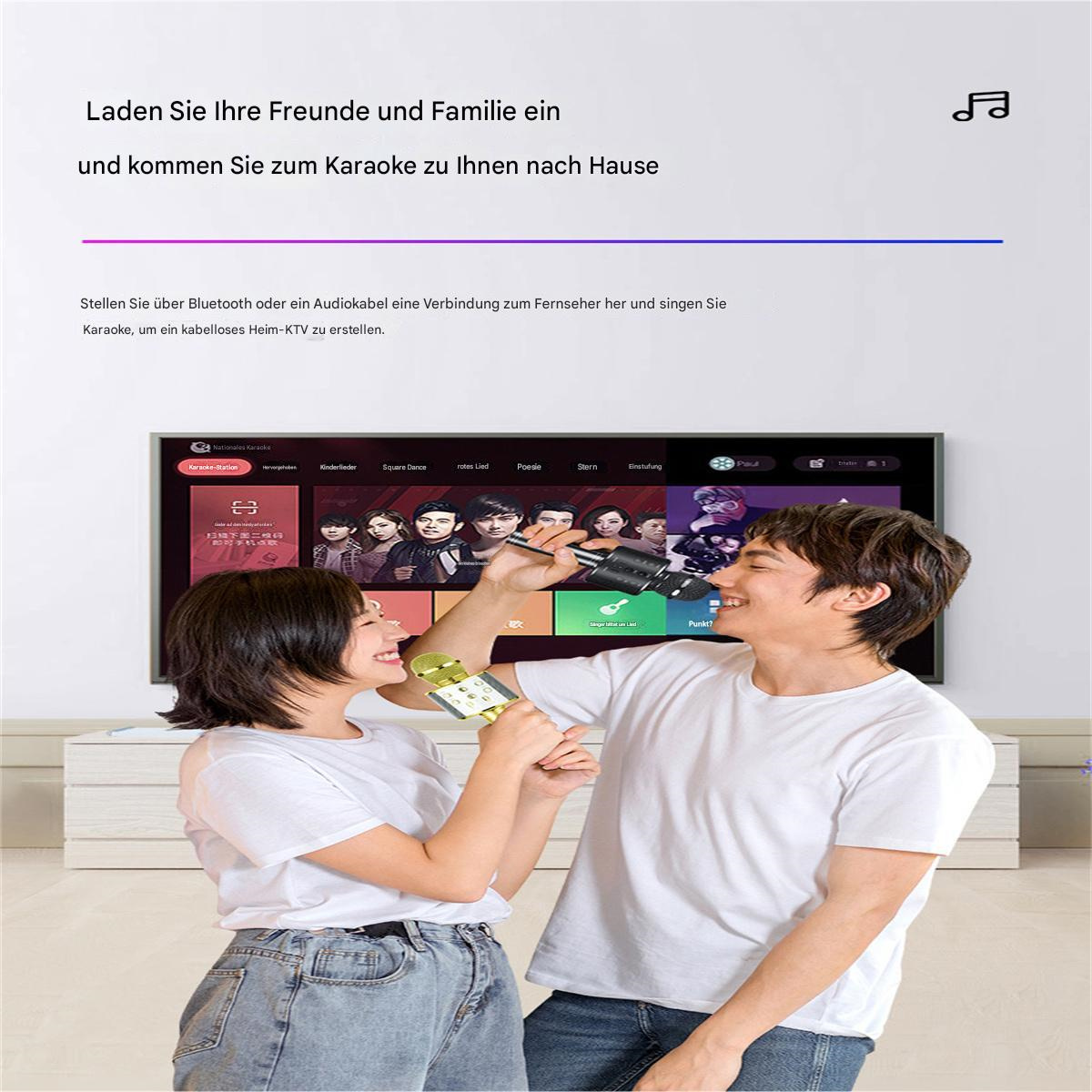 Ein Paar singt Karaoke mit Mikrofonen vor einem Fernseher. Der Text oben lautet: "Laden Sie Freunde und Familie ein".
