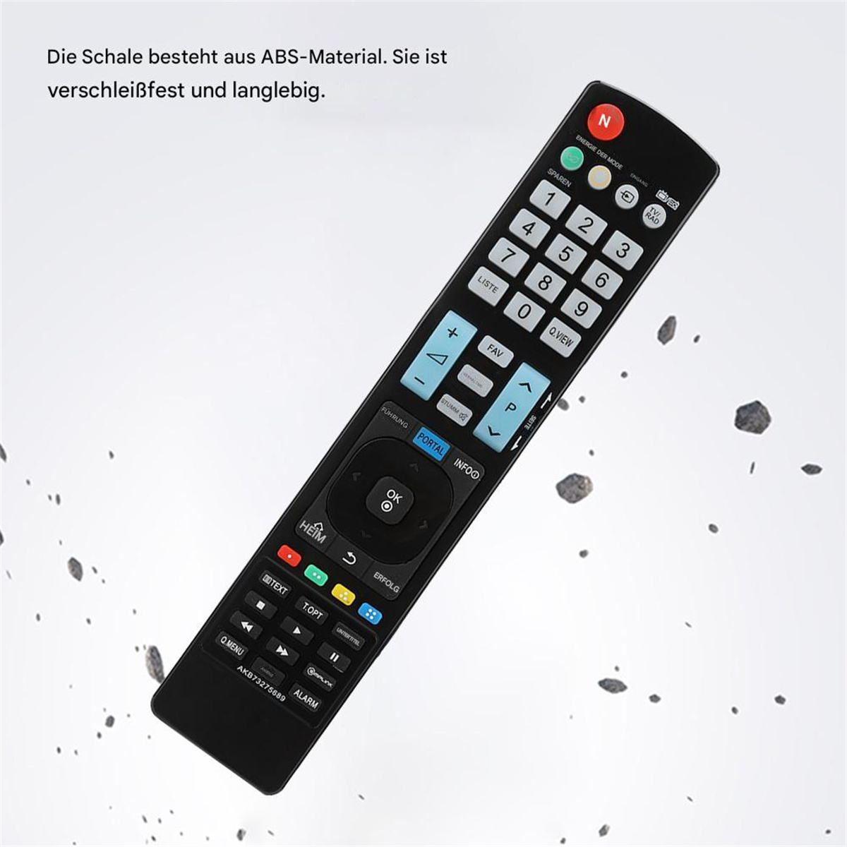 Eine schwarze TV-Fernbedienung mit Knöpfen und Zahlen auf weißem Hintergrund mit fallenden grauen Steinen.