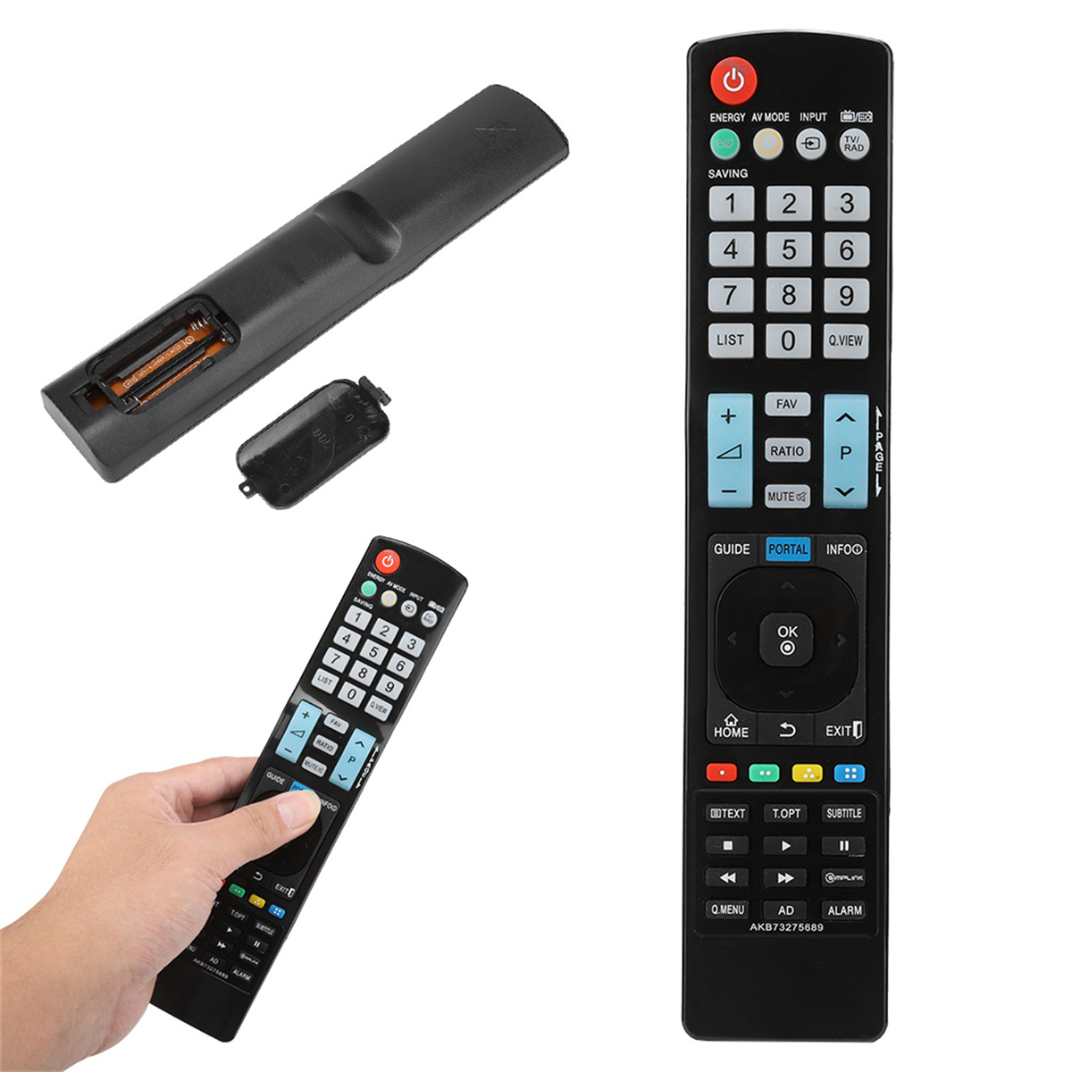 Fernbedienungen, eine mit Batterien und getrennten Komponenten, die andere in der Hand mit Tasten.