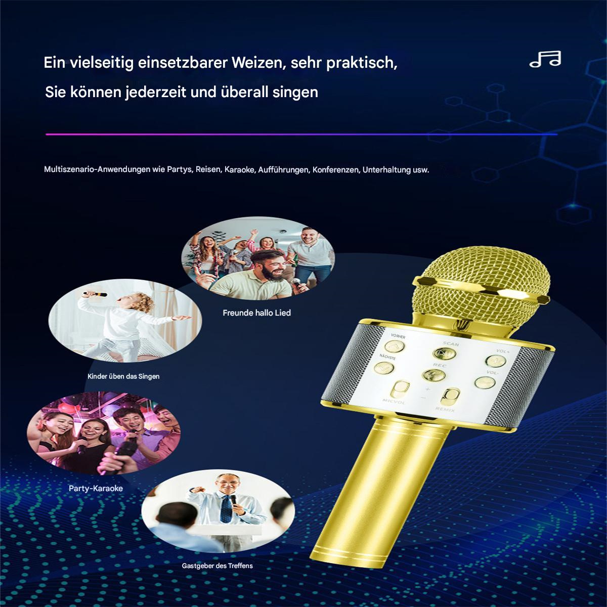 Ein goldenes Mikrofon mit silbernem Netz, umgeben von Bildern von singenden und auftretenden Menschen.