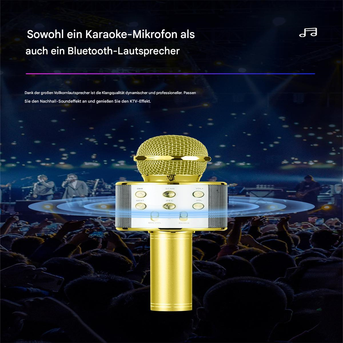 Goldenes Mikrofon mit Knöpfen, vor verschwommener Menge. Karaoke- und Bluetooth-Lautsprecher.