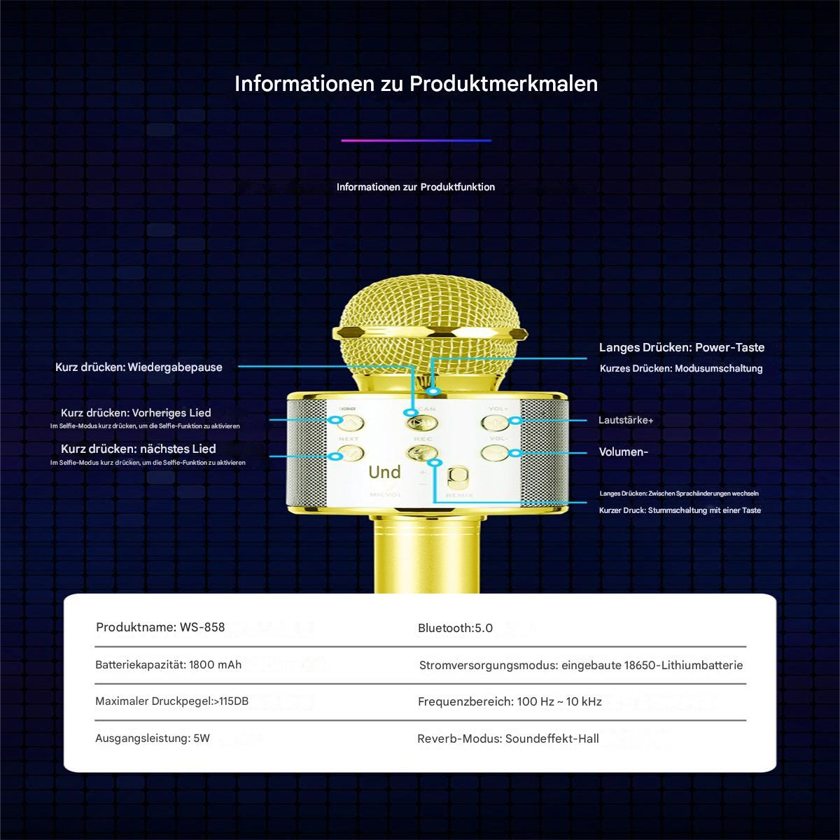 Goldenes Mikrofon mit Knöpfen. Informationen zum Produkt und seinen Funktionen werden angezeigt.