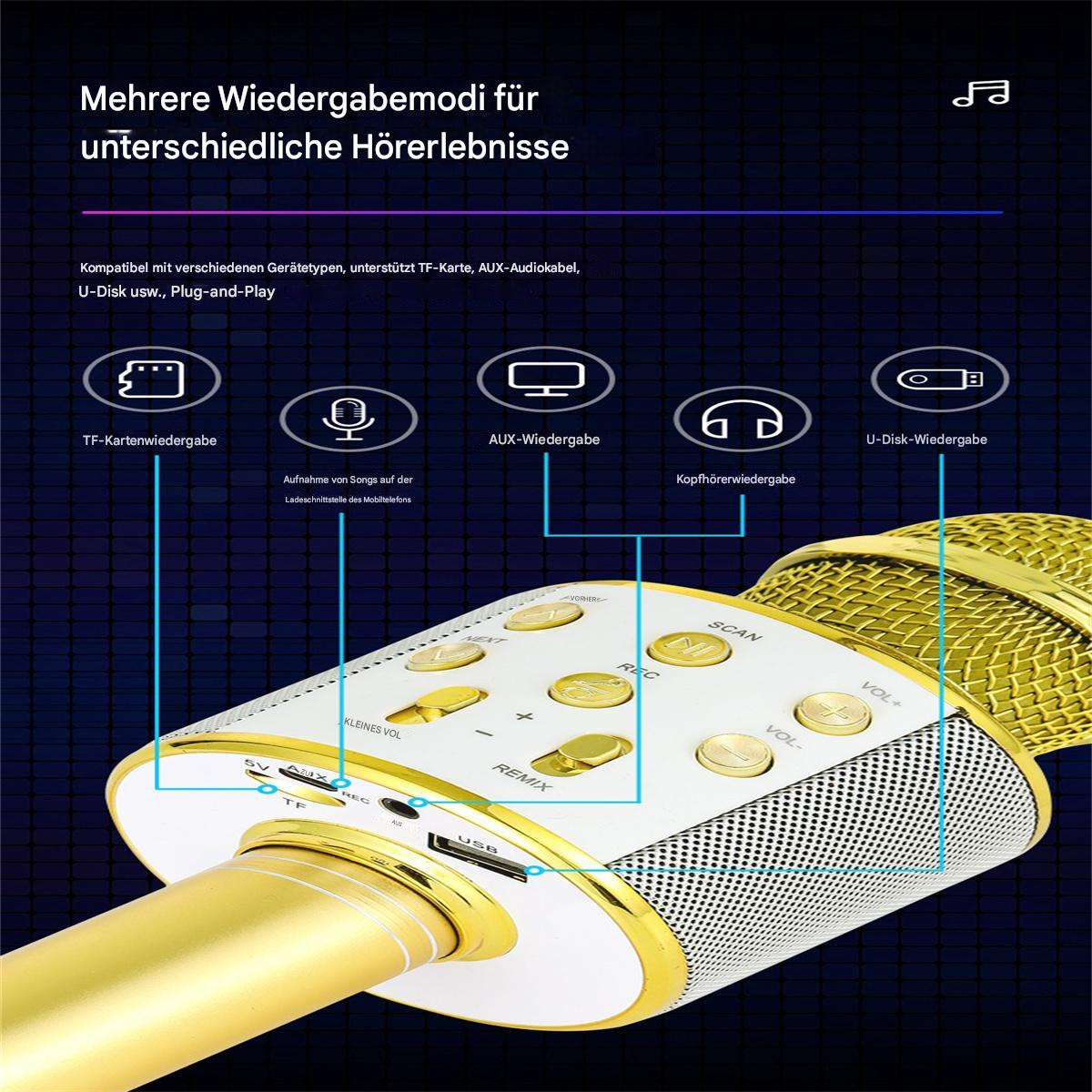 Ein gold-weißes Karaoke-Mikrofon mit Knöpfen und einem USB-Anschluss.