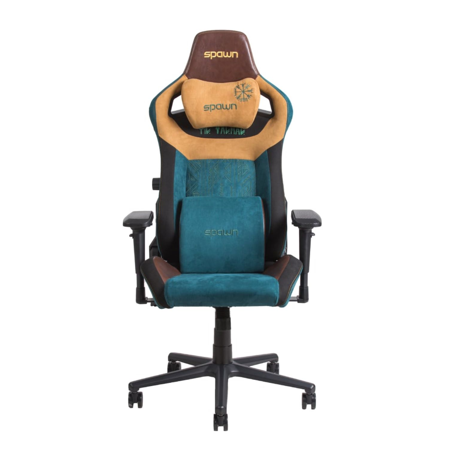 Ein Gaming-Stuhl, schwarz mit teal- und braunen Akzenten, mit Kopfstütze, Lendenkissen und Rollen.