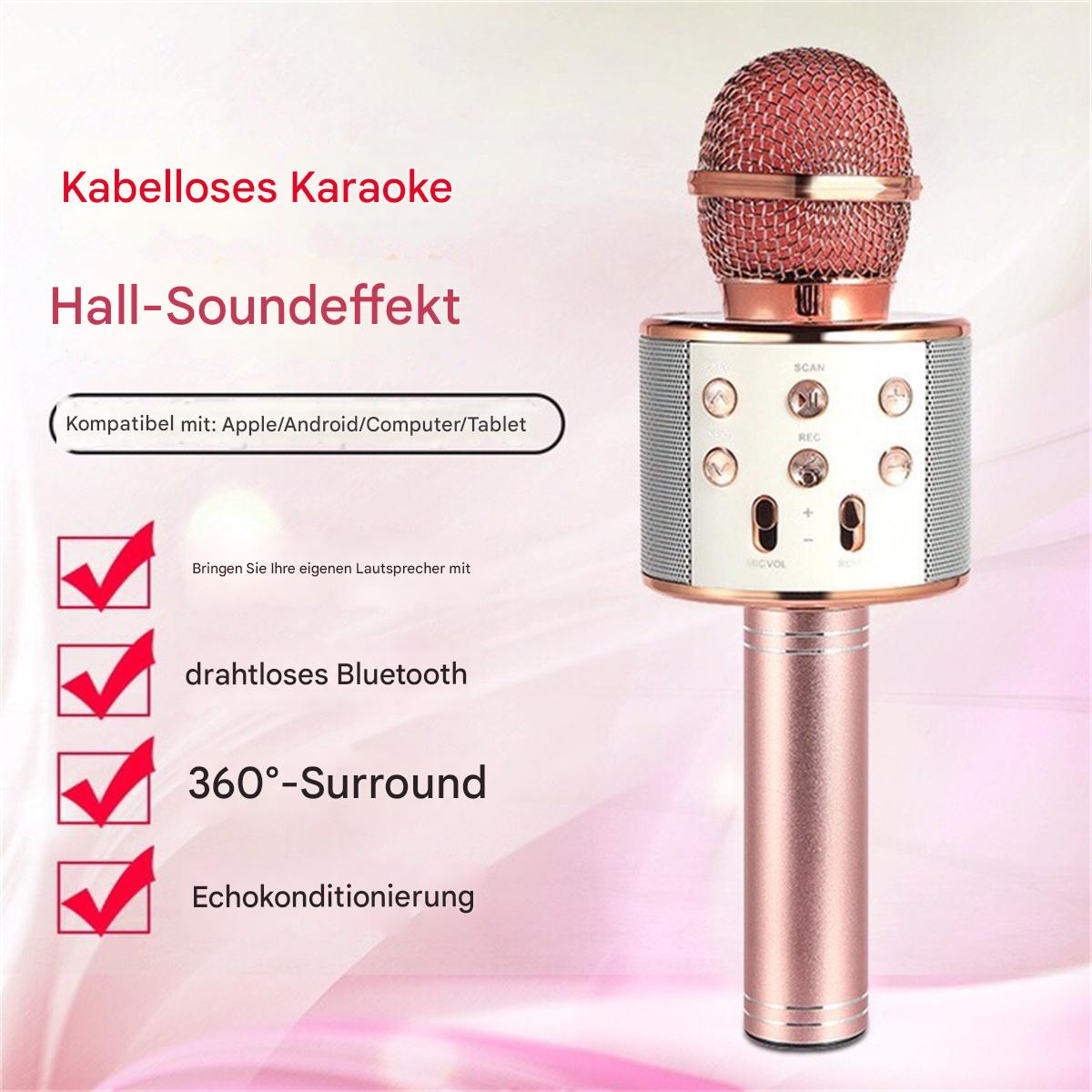 Roségoldenes Karaoke-Mikrofon mit Text und Symbolen. Weißer Hintergrund.