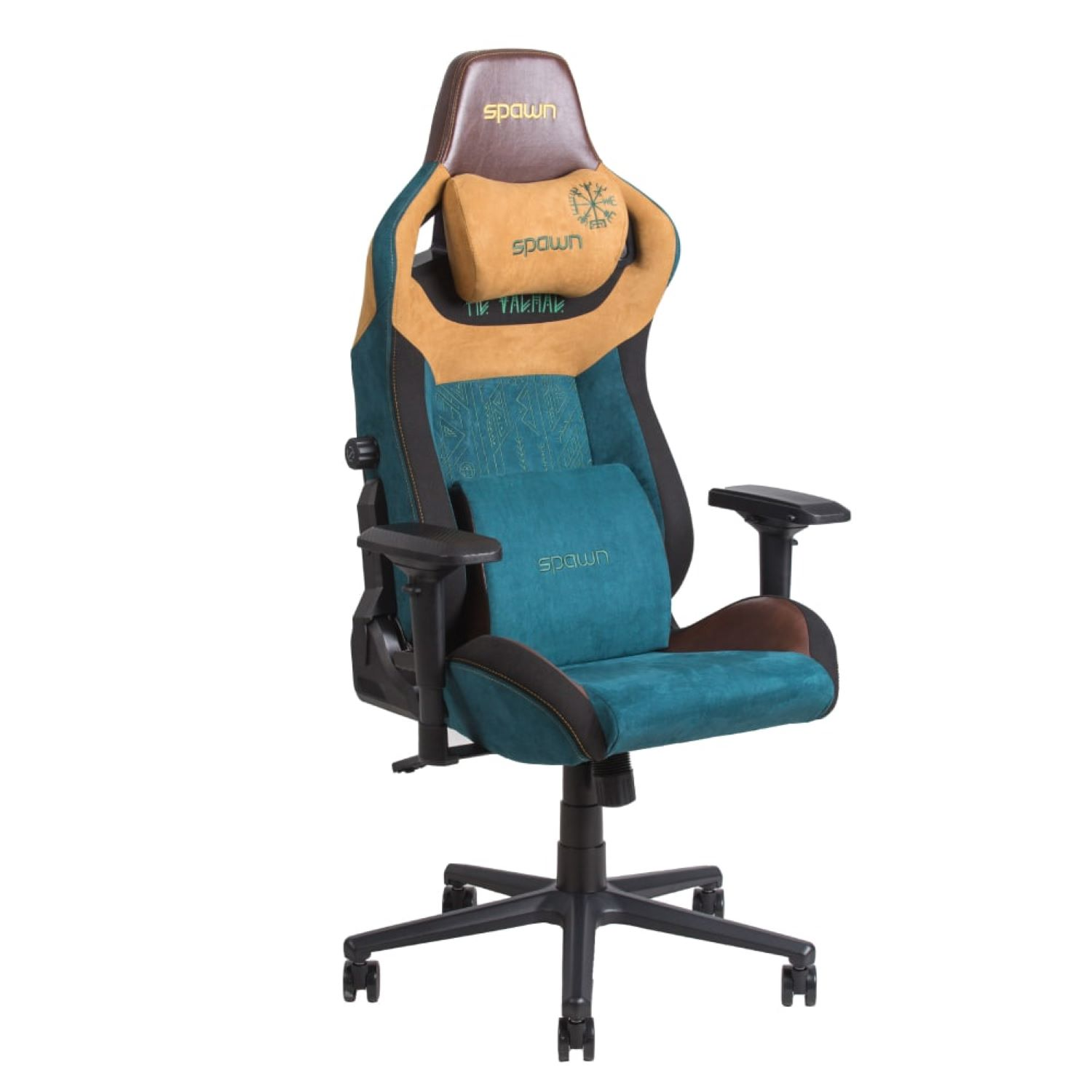 Ein Gaming-Stuhl mit teal-, braunen und schwarzen Teilen, mit einer Kopfstütze mit Kompass-Logo und Text.