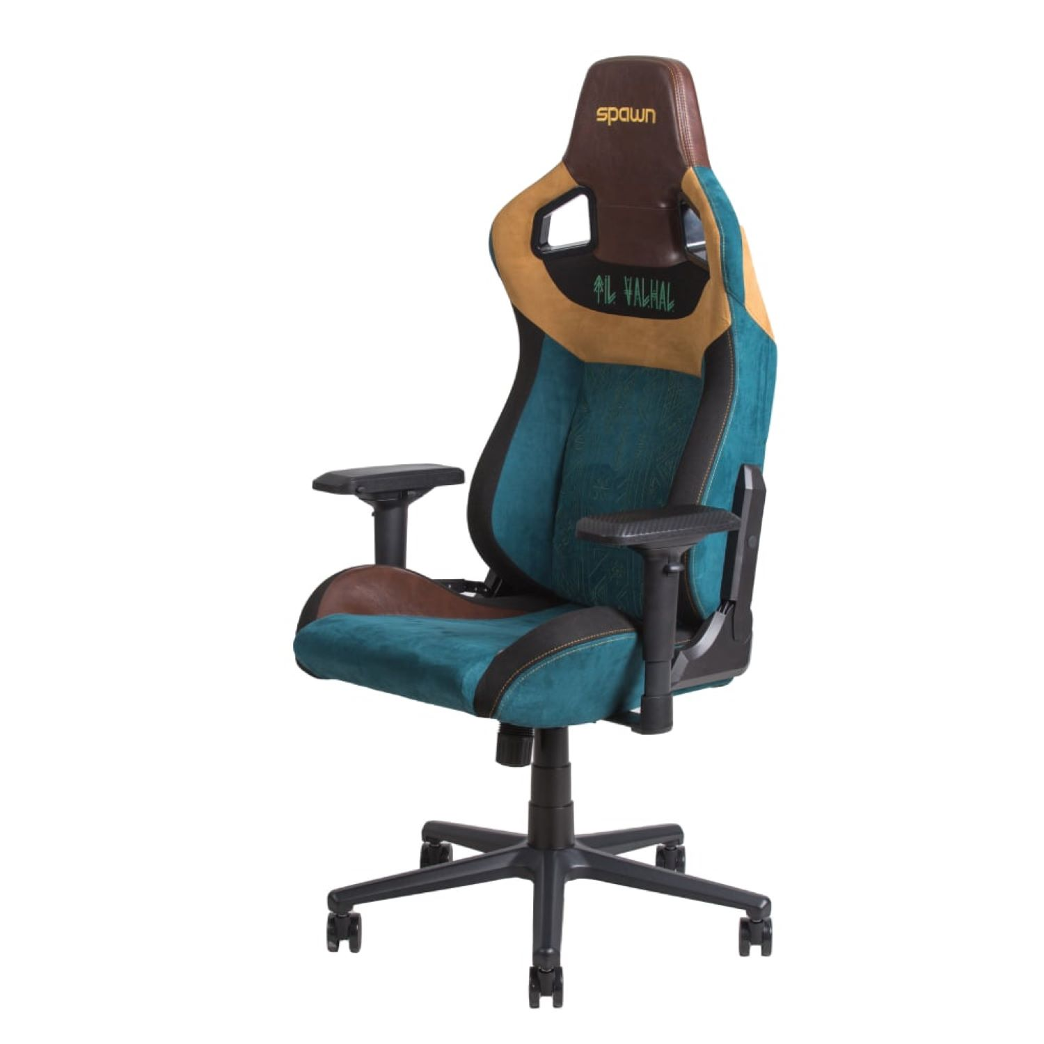 Gaming-Stuhl mit braunem und tealfarbenem Design. Der Stuhl hat eine hohe Rückenlehne und steht auf einem schwarzen Gestell.