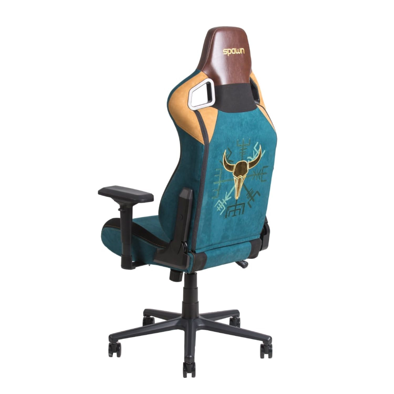 Gaming-Stuhl, blaugrün und braun, mit einem Bullenschädel-Design auf dem Rücken.