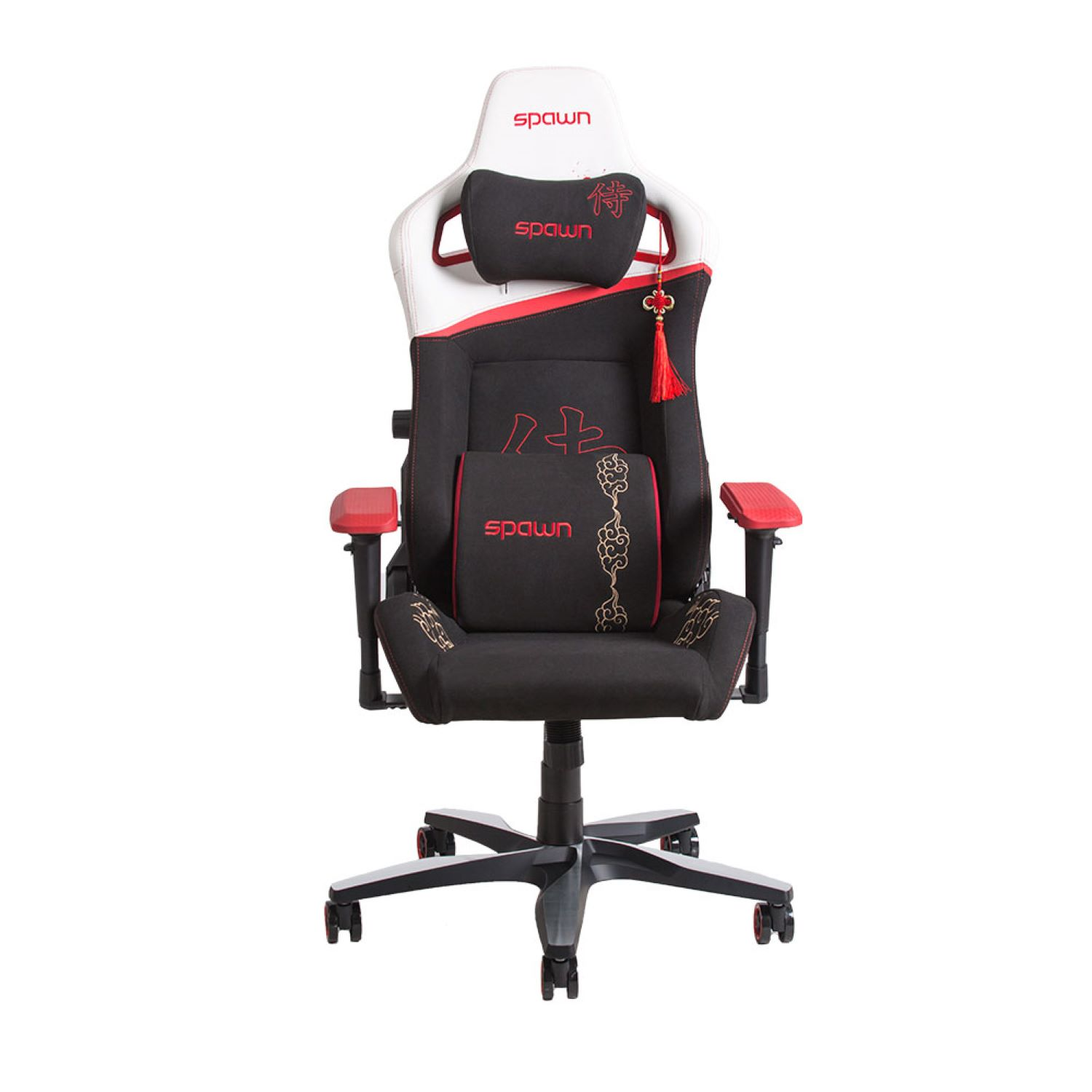 Gaming-Stuhl mit roten Akzenten, weißer Kopfstütze und schwarzem Sitz.