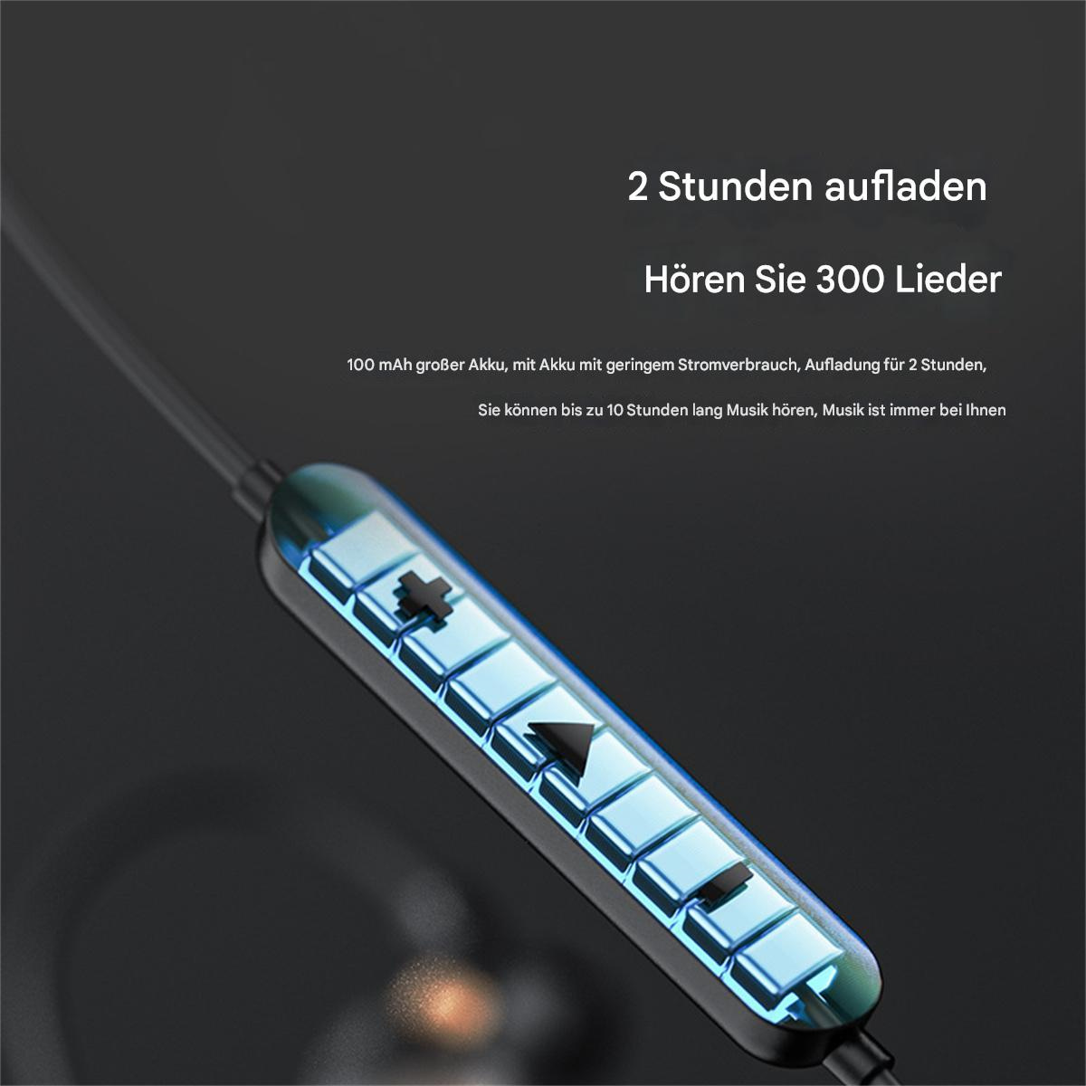 Kopfhörer mit Bedienfeld, das Text über Akkulaufzeit und Ladezeit anzeigt.