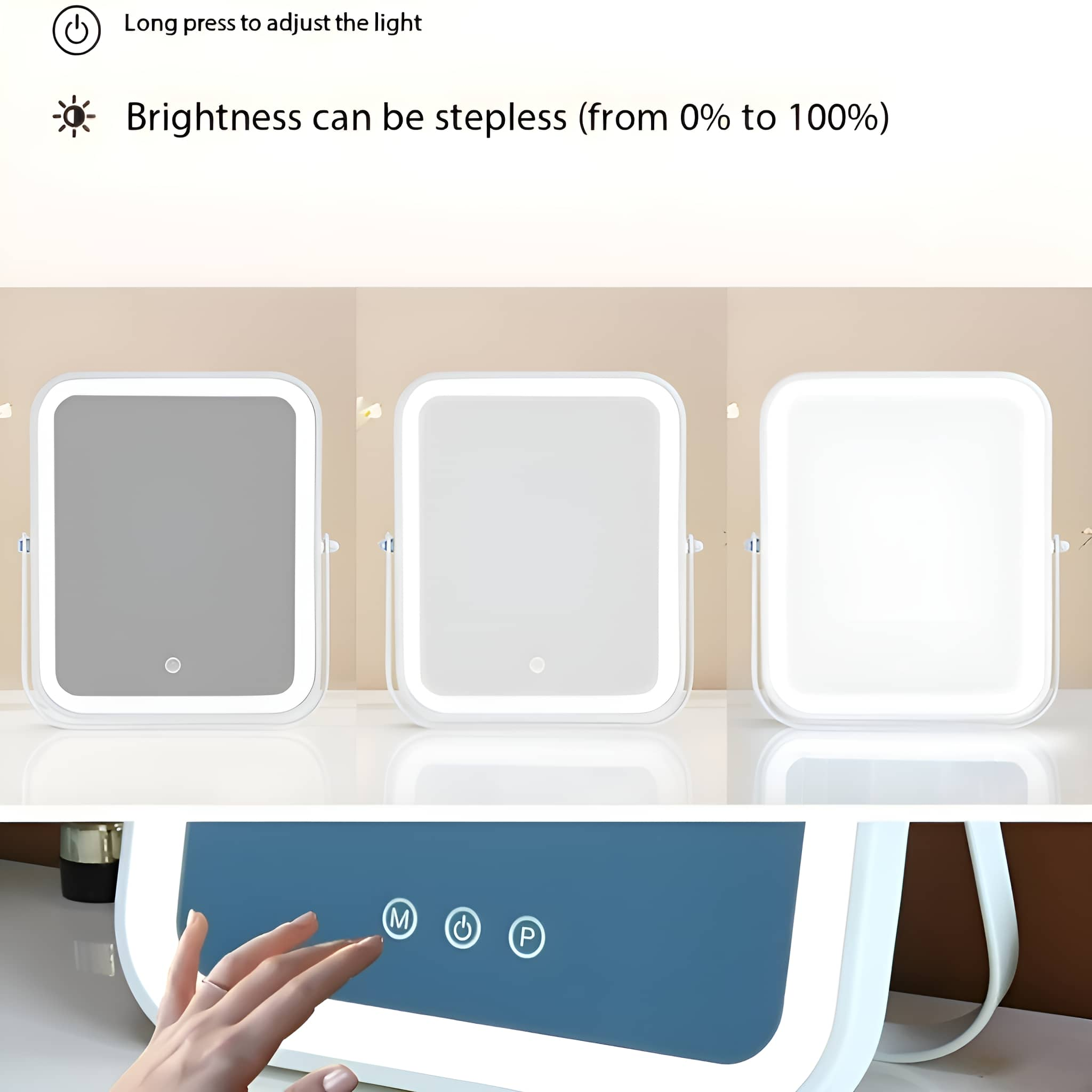 Ein weißer LED-Spiegel mit einstellbarer Helligkeit. Eine Hand berührt die Touchscreen-Bedienelemente.