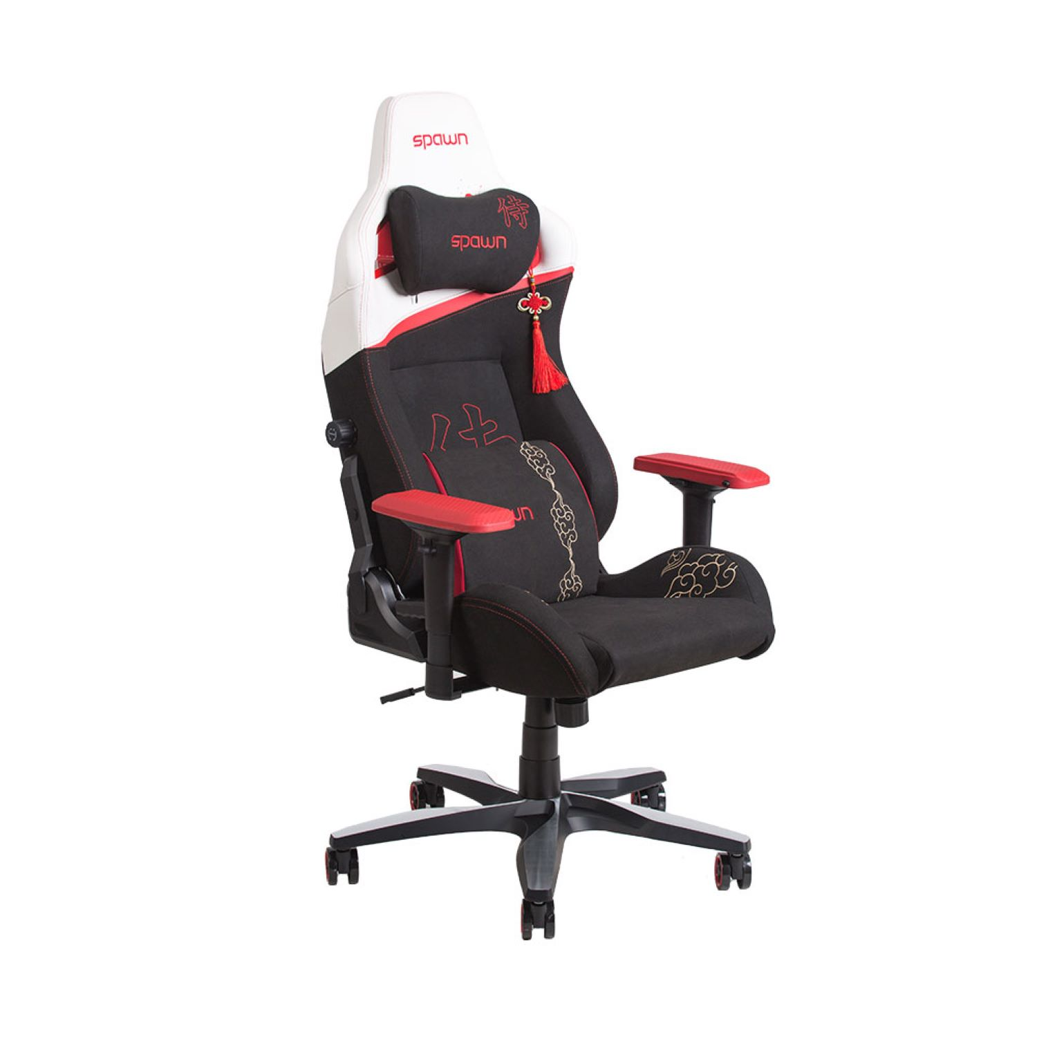 Gaming-Stuhl mit roten Akzenten, schwarzem Sitz, weißer Kopfstütze und roten Quasten.