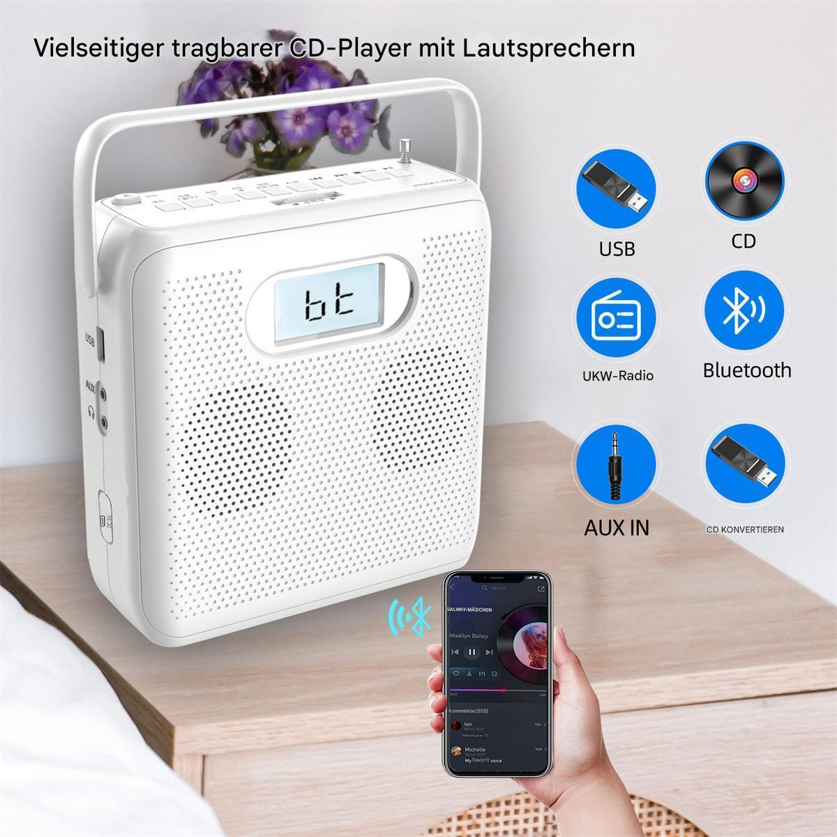 Weißer tragbarer CD-Player mit USB-, CD- und AUX-IN-Anschlüssen. Ein Telefon ist über Bluetooth verbunden.