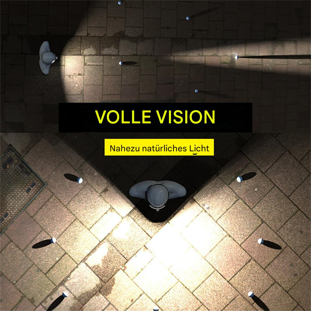 Draufsicht auf den Kopf einer Person, beleuchtet von Straßenlaternen. Text-Overlay sagt 'VOLLE VISION' und 'Nahezu natürliches Licht'.