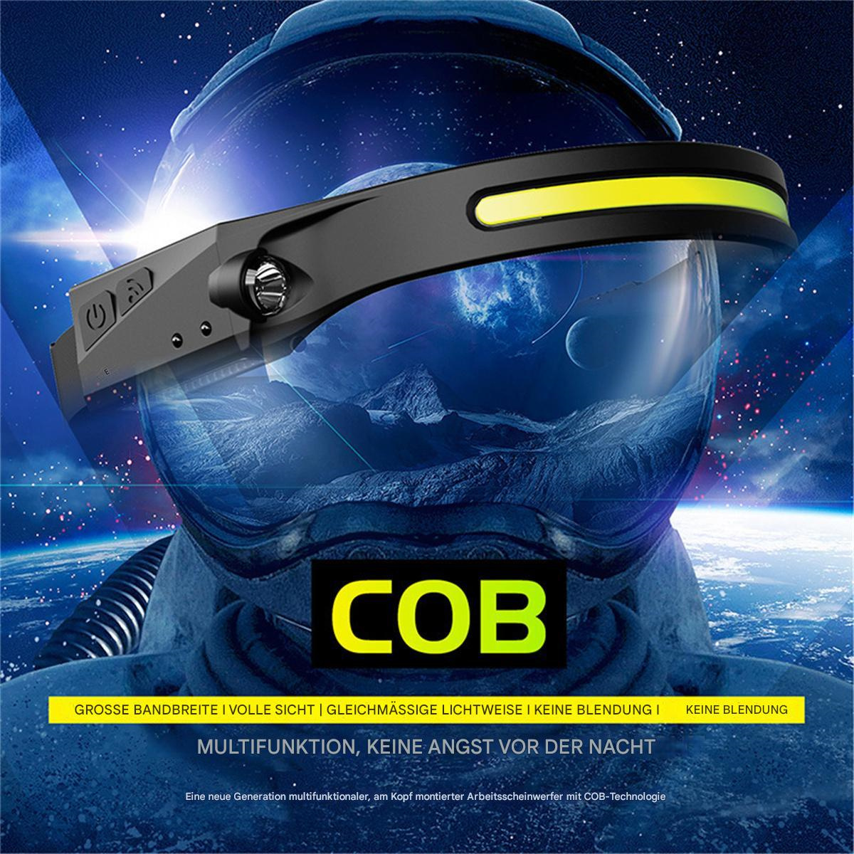 Astronaut mit COB-Stirnlampe. Das Bild enthält Text über die Eigenschaften der Stirnlampe.