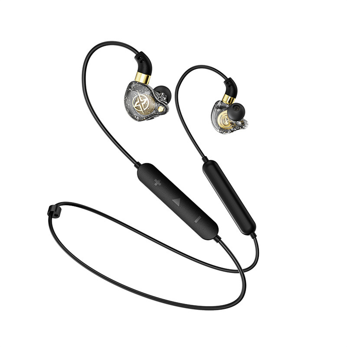 Schwarze In-Ear-Kopfhörer mit Steuermodul. Transparente Ohrhörer mit goldenen Akzenten.