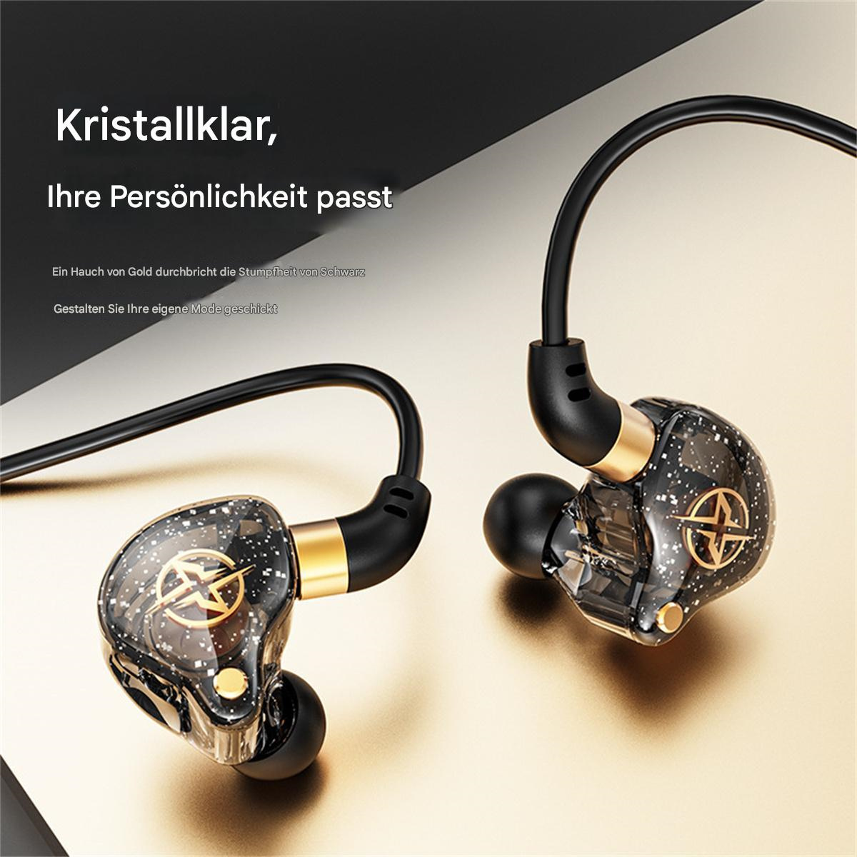 Schwarze und goldene Ohrhörer mit Text auf Deutsch, mit goldfarbener Oberfläche im Hintergrund.