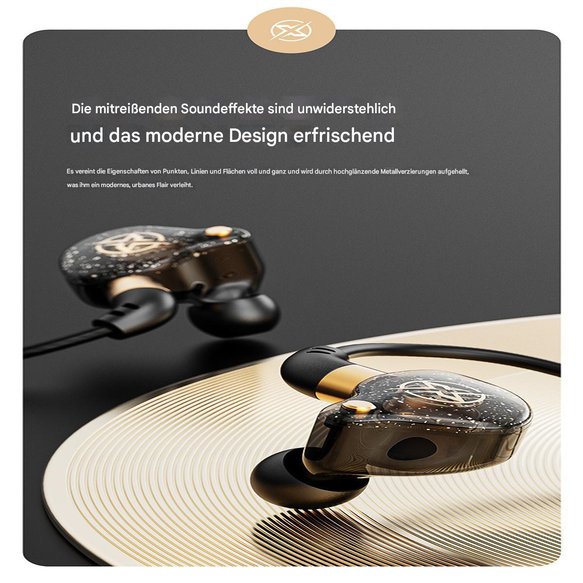 Zwei schwarze und goldene Ohrhörer werden auf einer goldenen Oberfläche gezeigt.