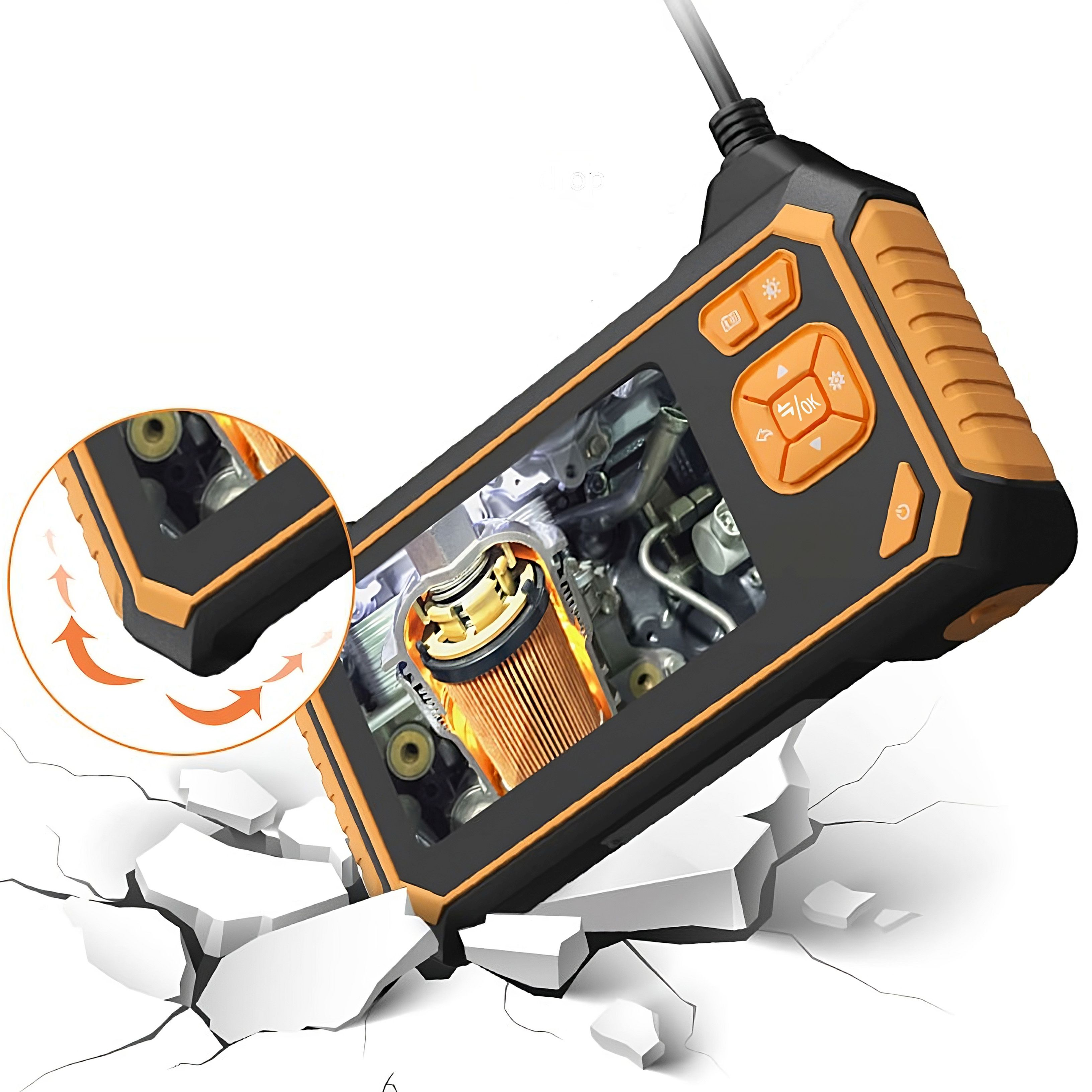 Eine schwarz-orange Inspektionskamera mit einem Bildschirm, der ein Objekt in einer Maschine zeigt.