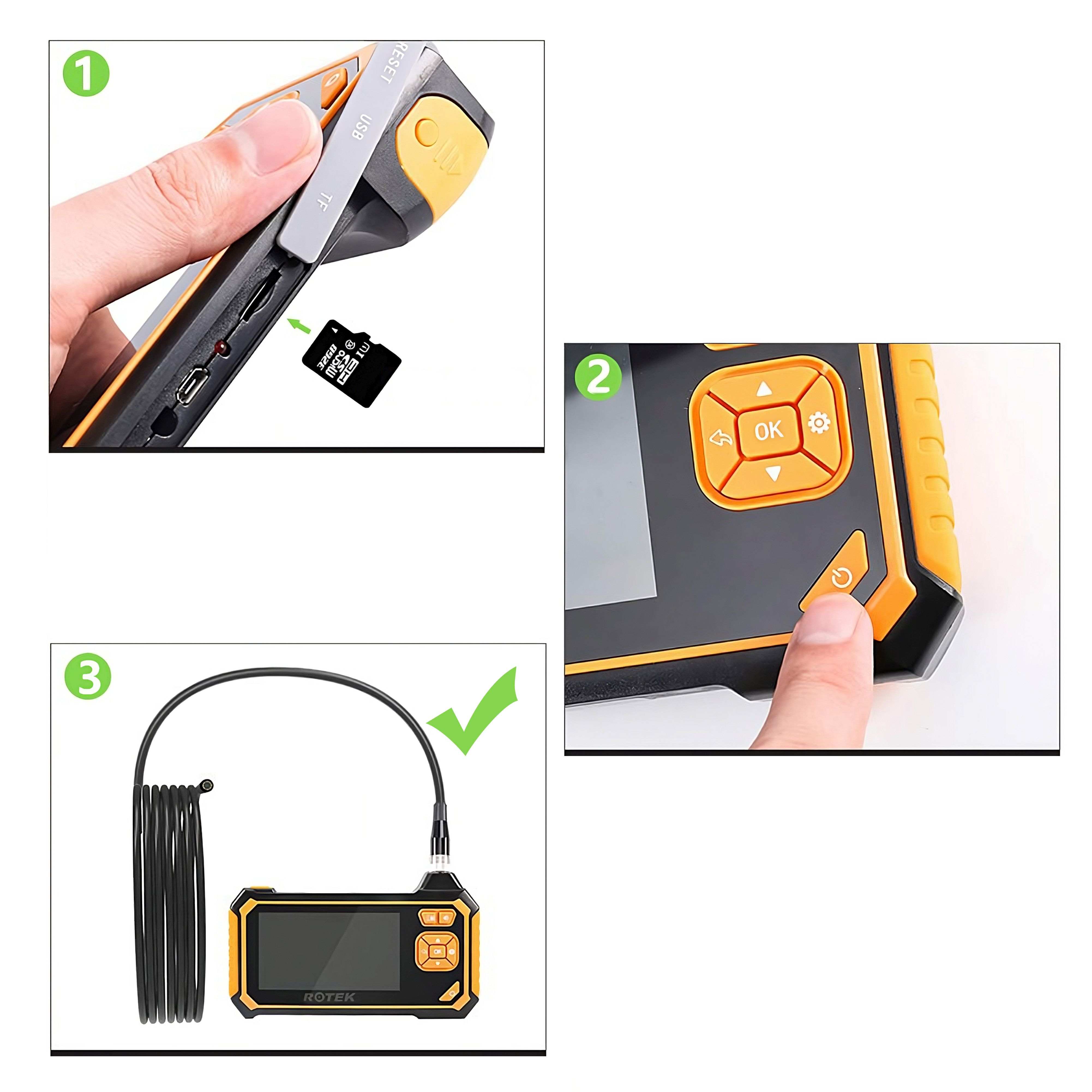 Eine Inspektionskamera mit ihren Komponenten: Knöpfe, Bildschirm und flexibles Kabel.