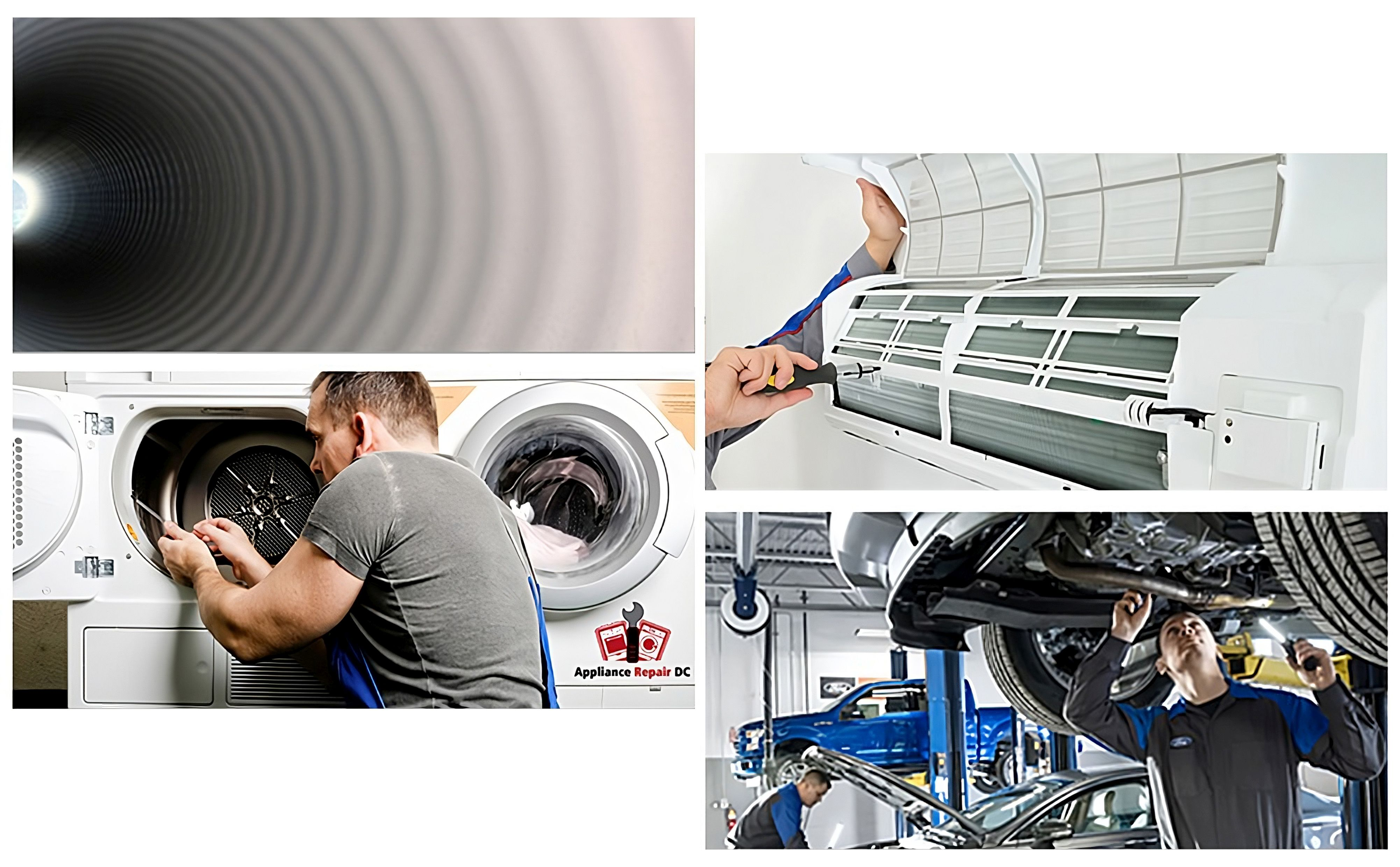 Collage von vier Bildern: ein Tunnel, Klimaanlagenreparatur, Trocknerreparatur und Autoreparatur.