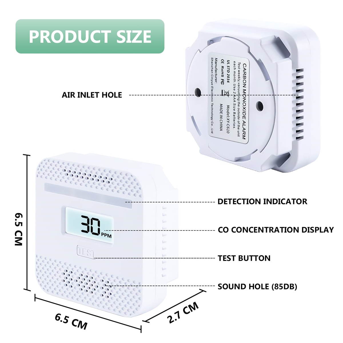 Weißer Kohlenmonoxid-Alarm mit Display und Testknopf, misst 6,5cm x 6,5cm x 2,7cm. Enthält einen Lufteinlass.