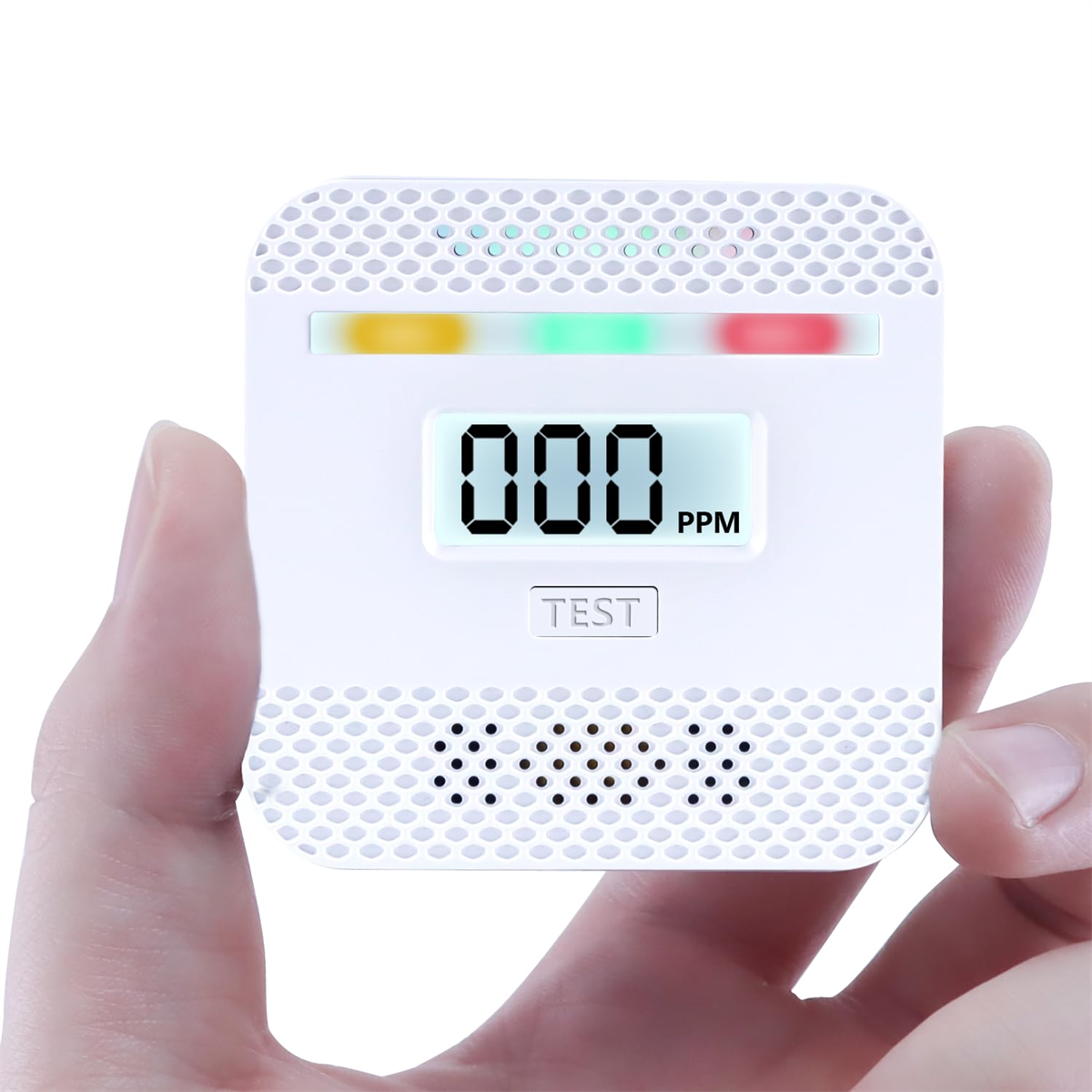 Weißes quadratisches Gerät mit Digitalanzeige "000 PPM".